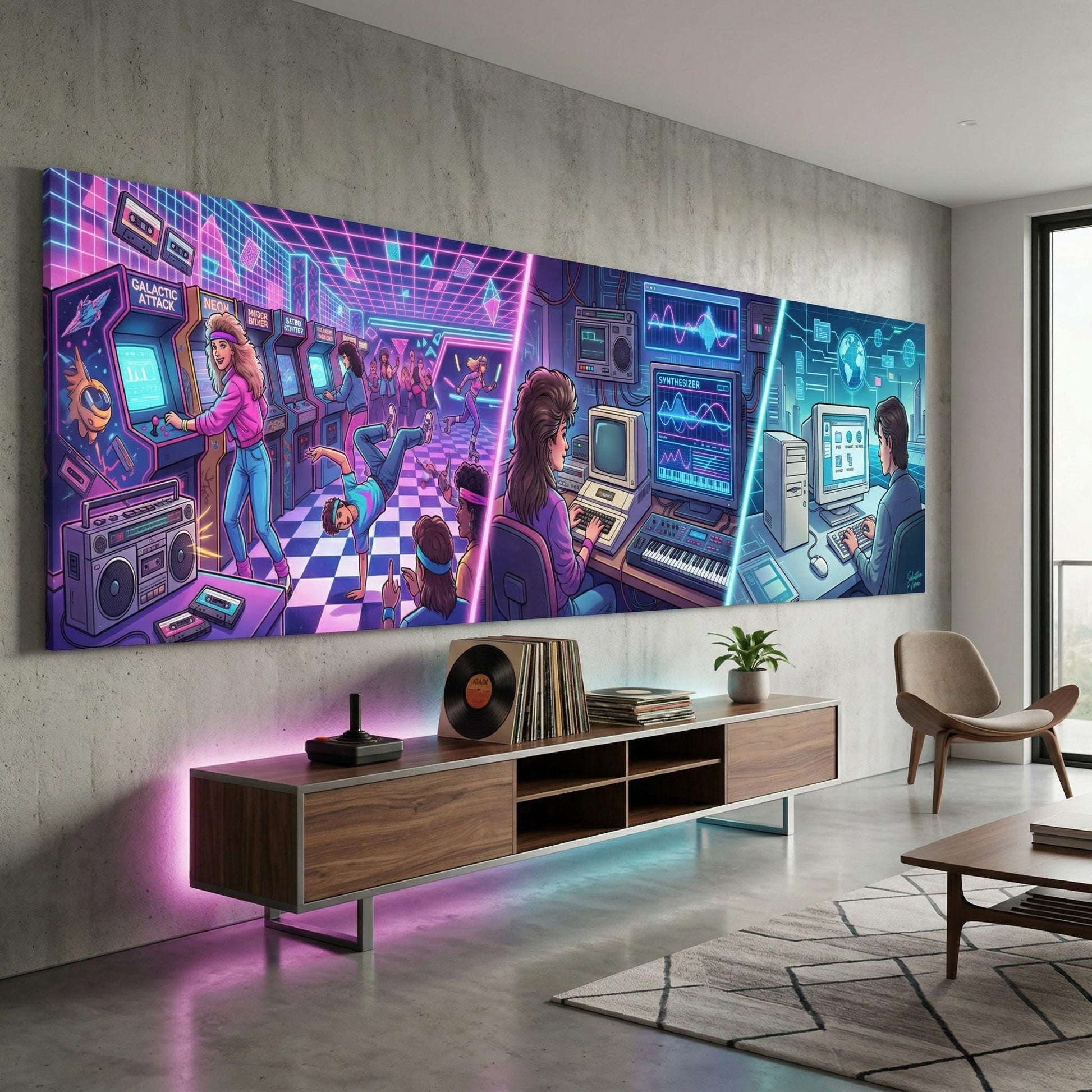 The image is a large, colorful mural depicting a retro gaming scene with various arcade games and people playing them.