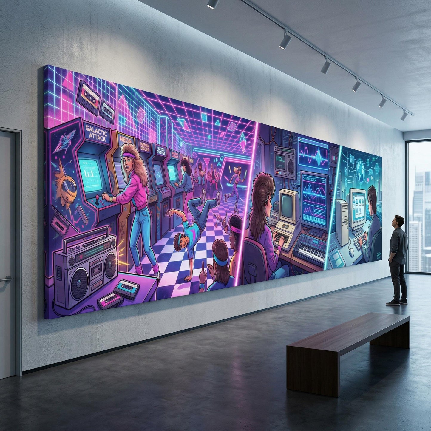 A large, colorful mural depicting a lively arcade scene with people playing video games and interacting with various arcade machines.