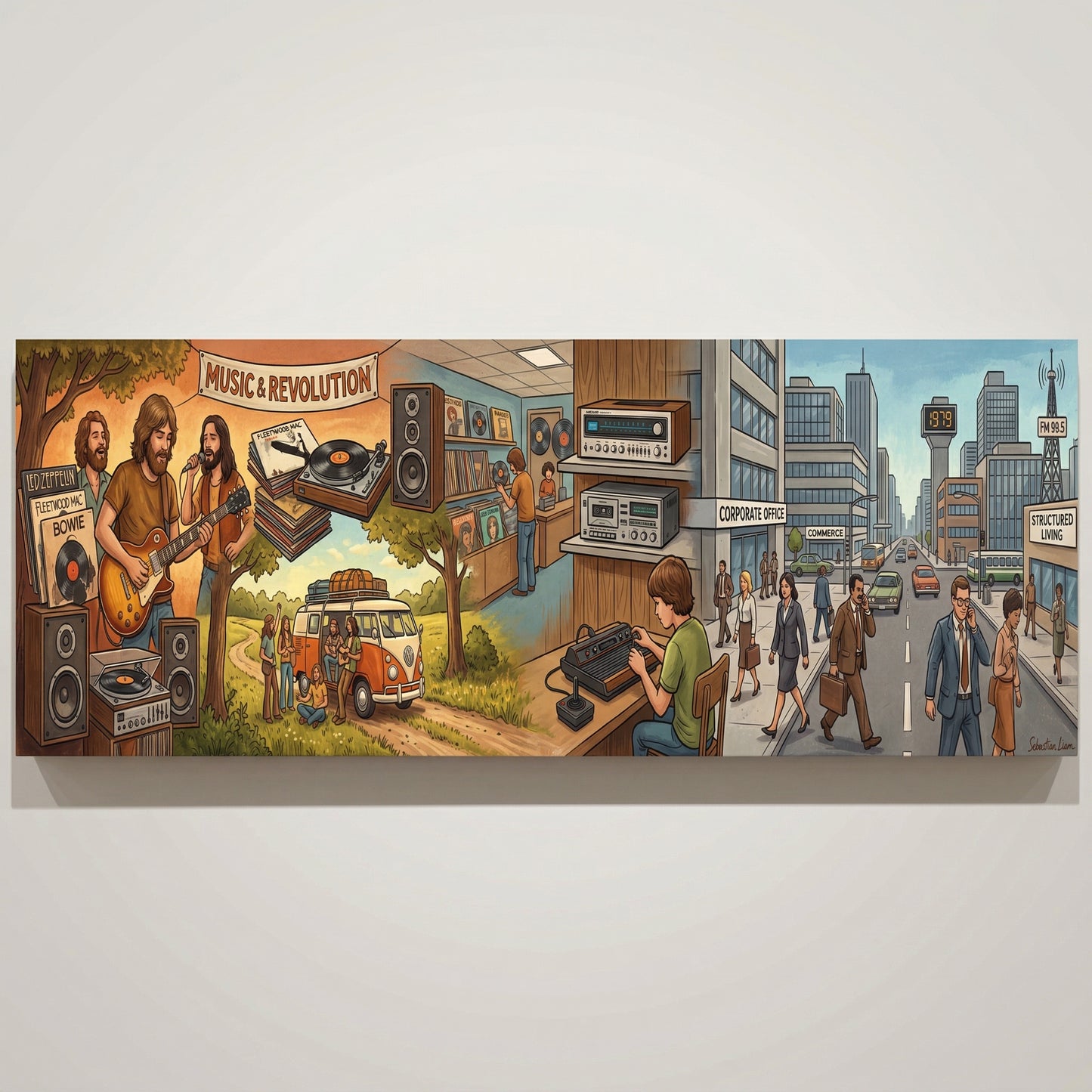 The image is a collage of various scenes depicting different aspects of music and urban life, including a band performing, a record store, a street scene, and people walking on the street.