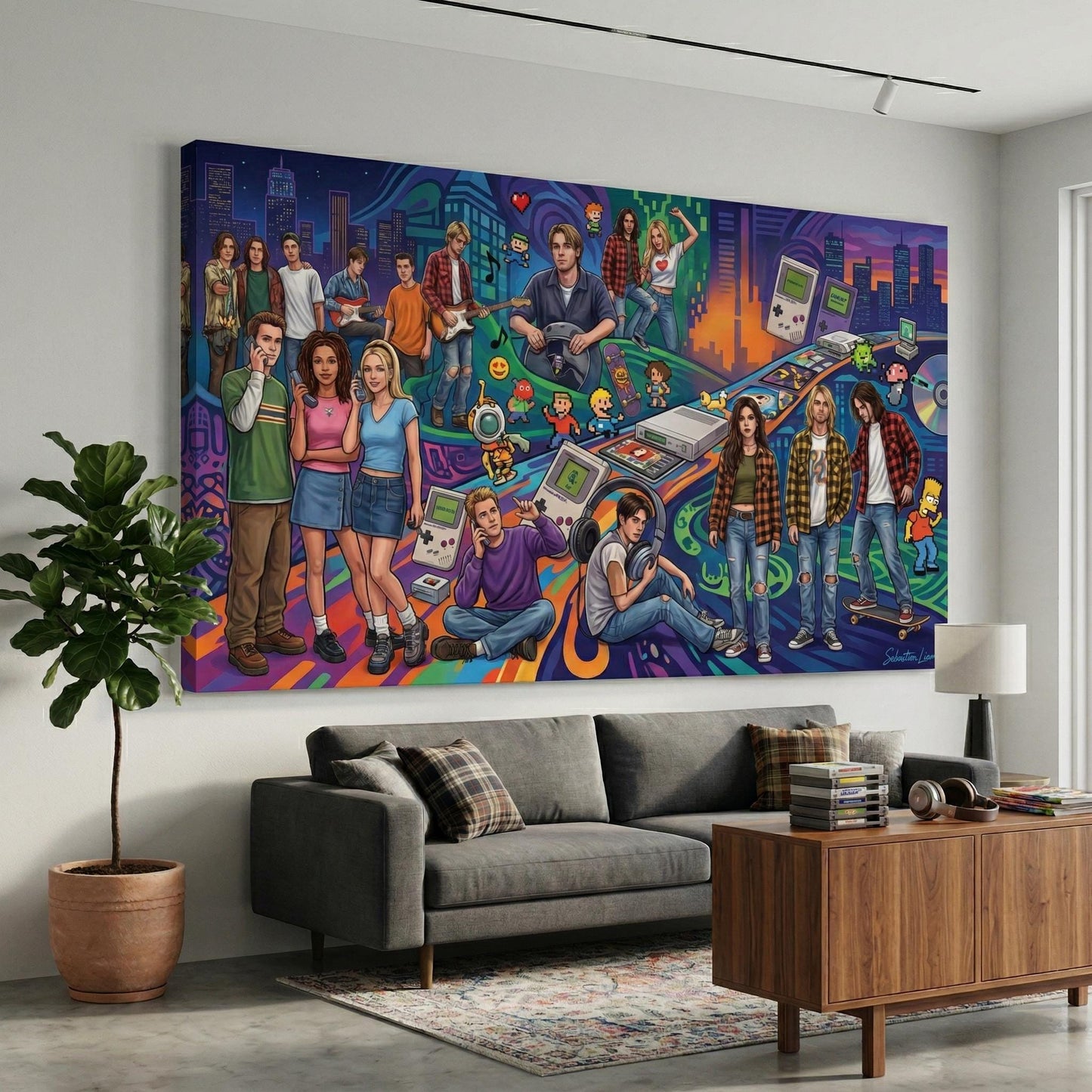 The image is a large, colorful painting depicting a lively scene with various people engaged in different activities, such as playing video games, socializing, and enjoying music.