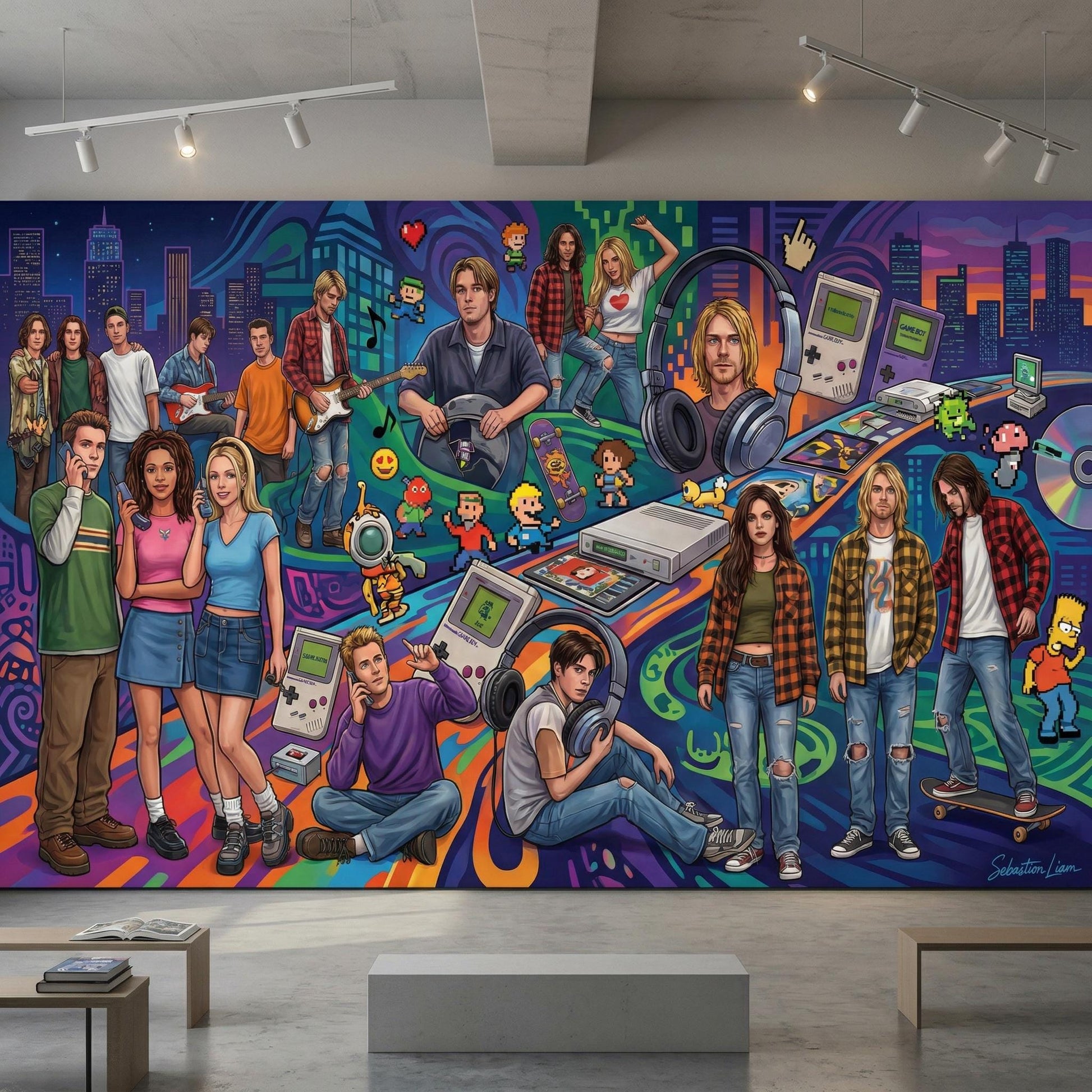 The image is a vibrant mural depicting a lively scene with various people engaged in different activities, such as playing video games, dancing, and socializing. The mural is filled with a diverse array of characters and elements, creating a dynamic and energetic atmosphere.