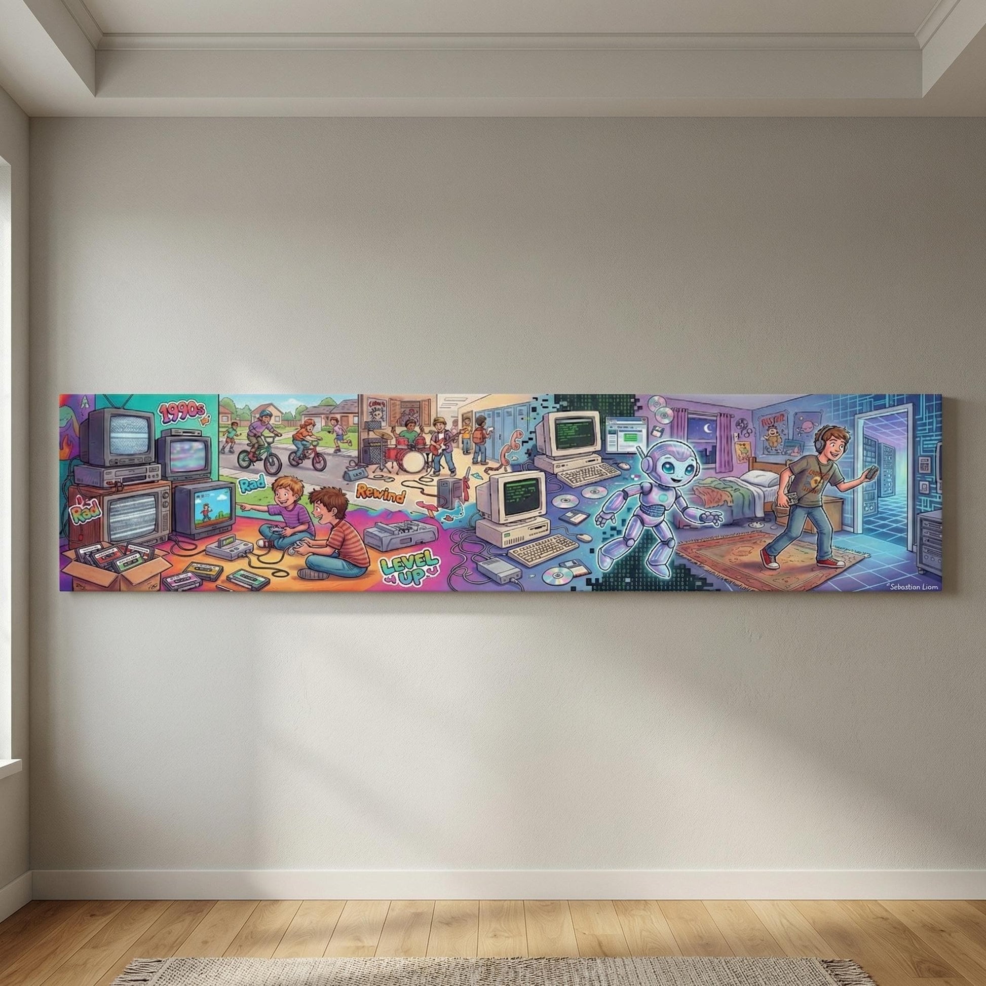 The image is a vibrant and colorful collage depicting various scenes related to technology and media, including children playing with computers, televisions, and other electronic devices.