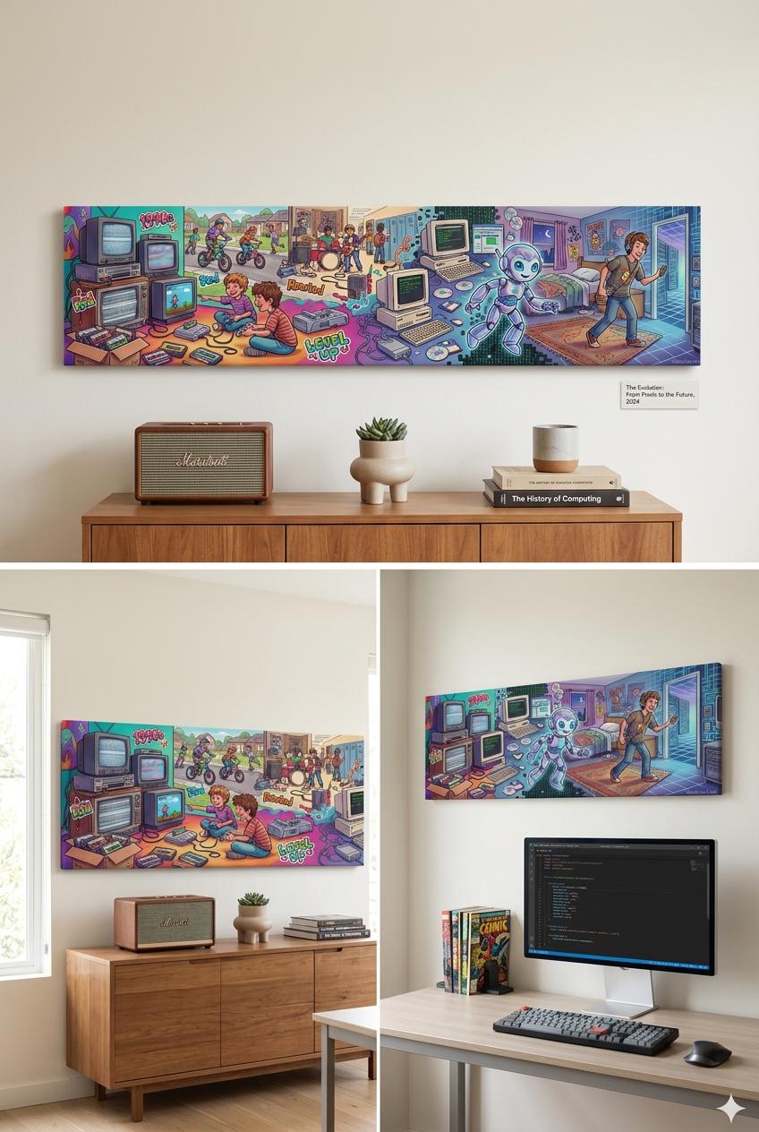 The image is a collage of three photos depicting a vibrant and colorful workspace with various objects and people. The first photo shows a wooden dresser with a radio and a plant on top. The second photo shows a desk with a computer monitor, keyboard, and mouse. The third photo shows a wall with a large mural depicting a lively scene with people, computers, and other objects.