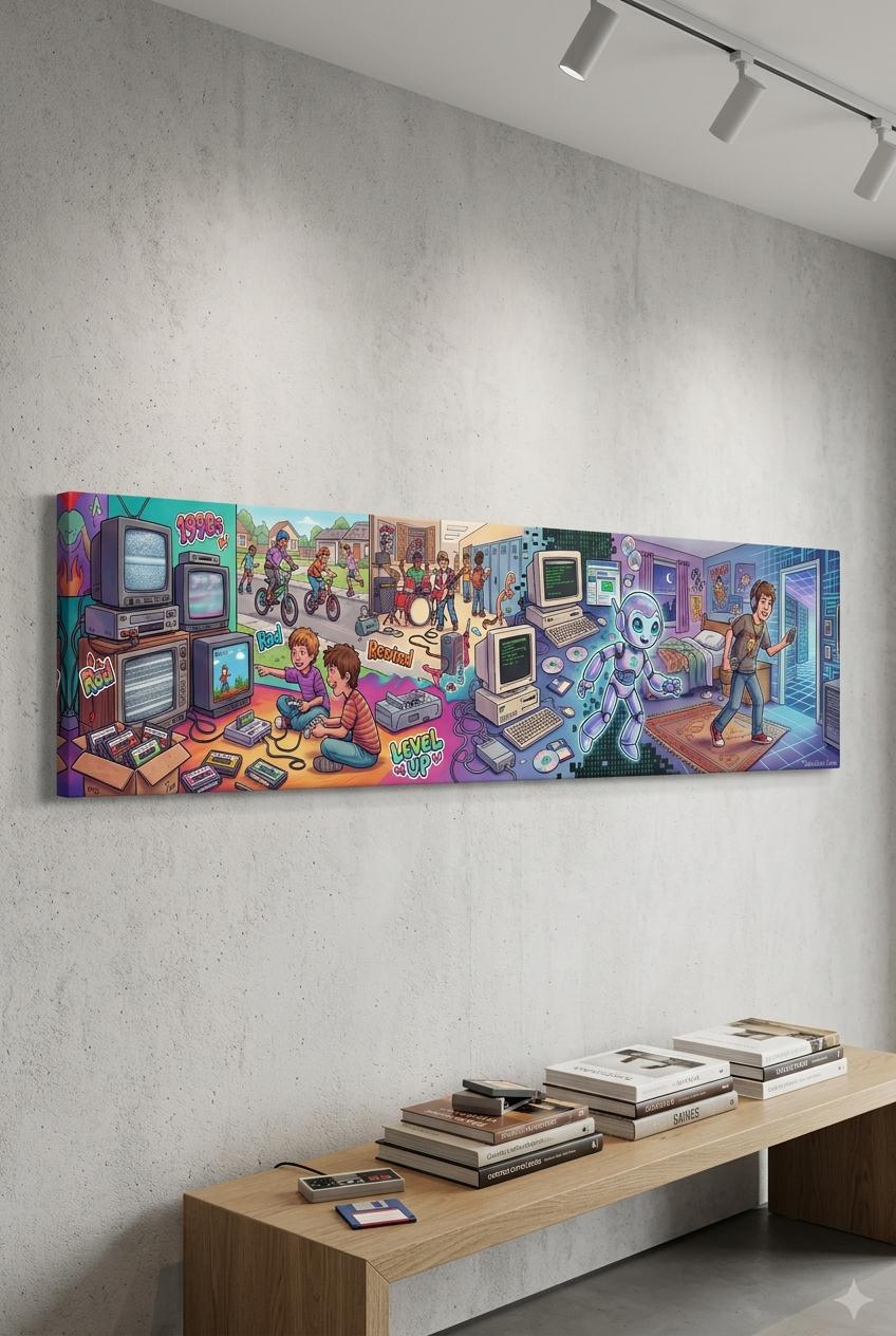 The image is a vibrant and colorful mural depicting a lively scene of children playing with various electronic devices, such as televisions, computers, and video games.