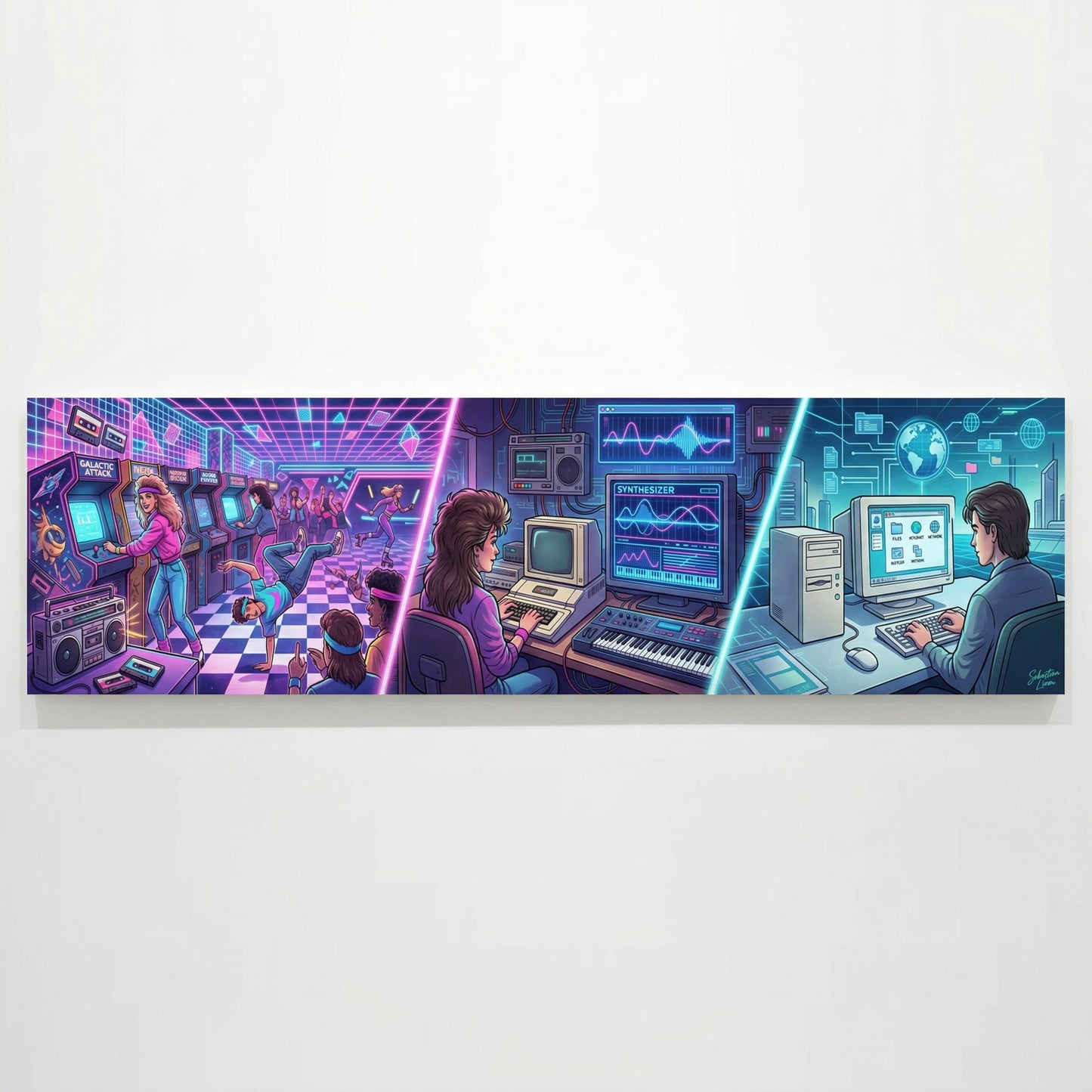A collage of three panels depicting a futuristic, neon-lit environment with people working on computers and other technology.