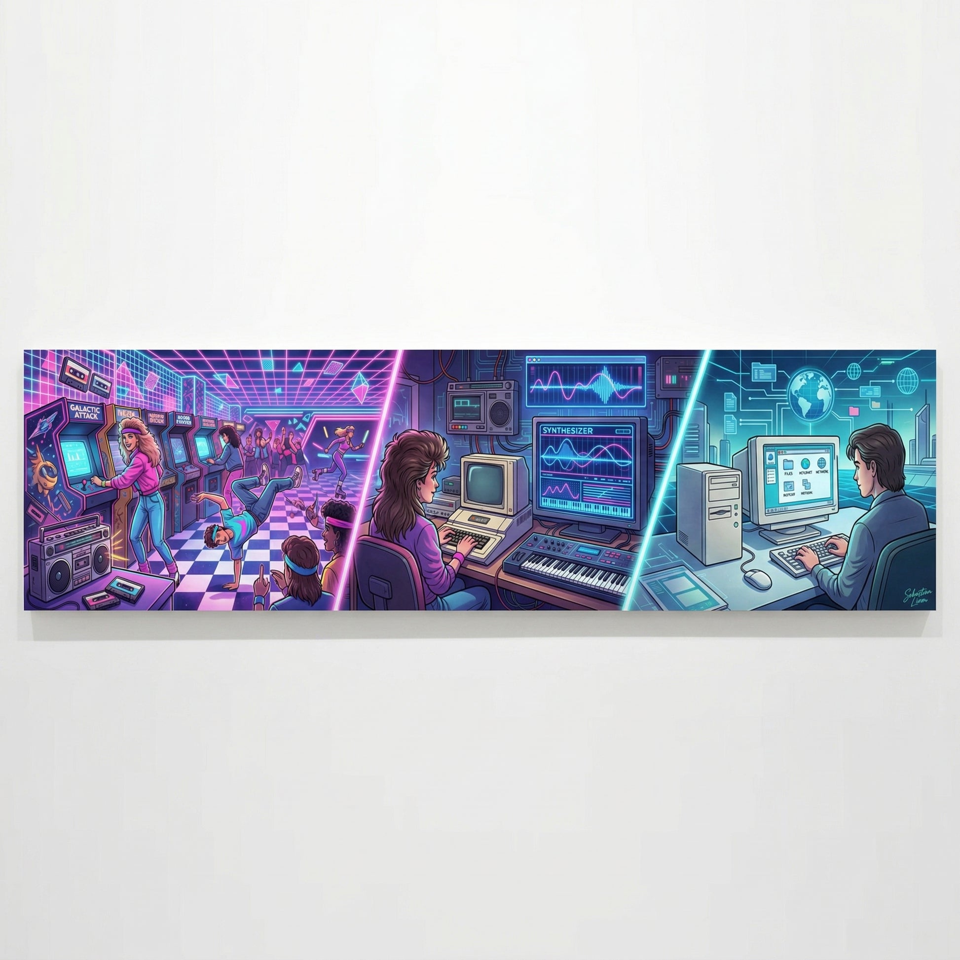 A collage of three panels depicting a futuristic, neon-lit environment with people working on computers and other technology.