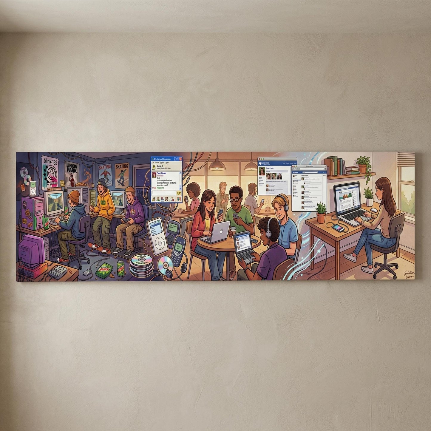A collage of various people engaged in different activities, such as sitting at tables, using laptops, and interacting with others, all in a colorful and lively setting.