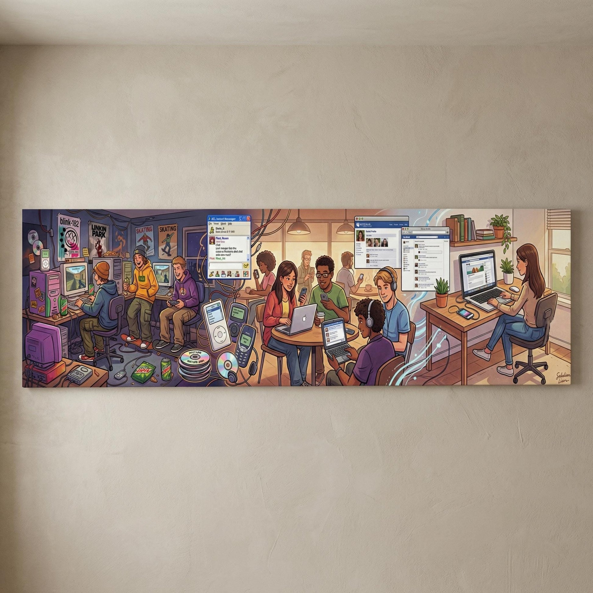A collage of various people engaged in different activities, such as sitting at tables, using laptops, and interacting with others, all in a colorful and lively setting.