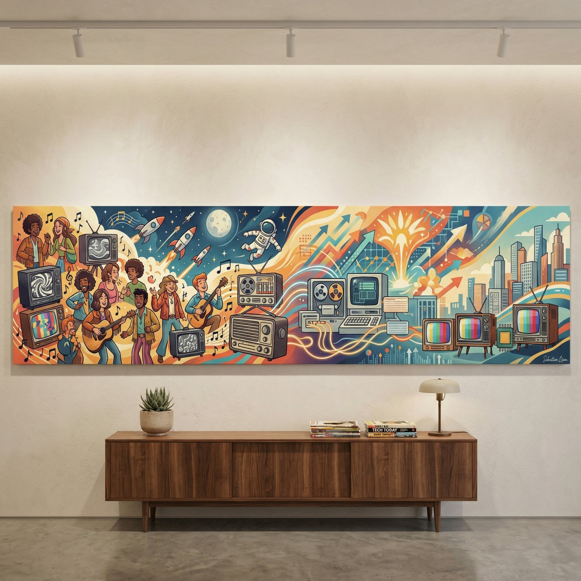 The image is a large mural depicting a vibrant scene with various elements, including people, technology, and a cityscape.