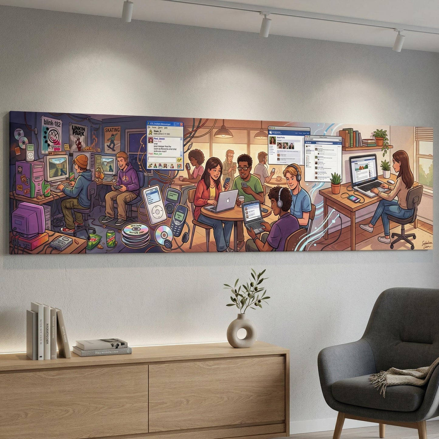 The image is a large, colorful painting depicting a lively scene of people working together in a modern office environment, surrounded by various technological devices and equipment.