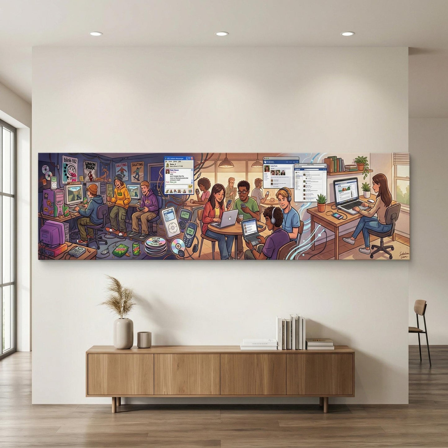 The image is a large, colorful mural depicting a lively scene of people working together in a modern office environment, with various technological devices and equipment.