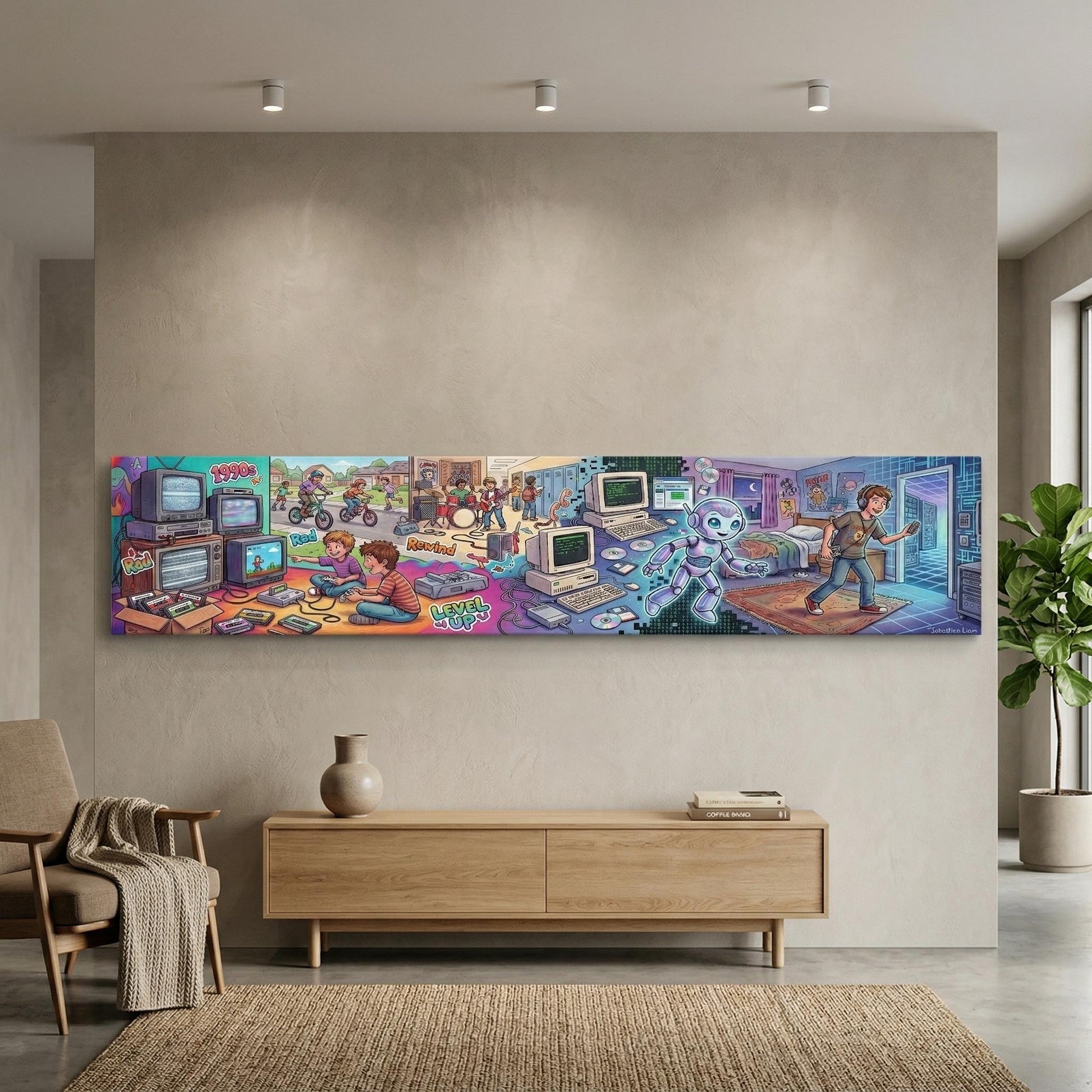 The image is a large, colorful mural depicting various scenes related to technology and media, including children playing with computers and other electronic devices.