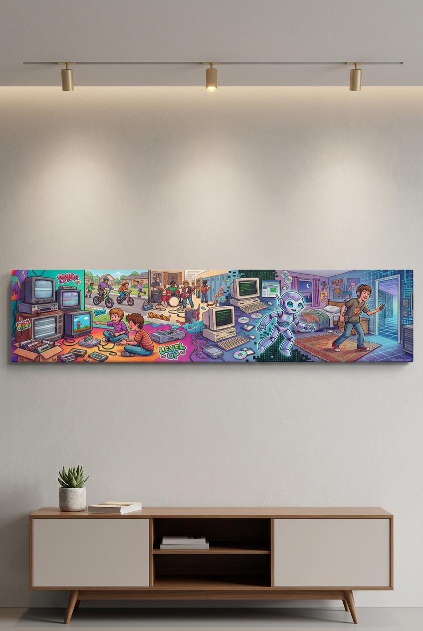 The image is a large, colorful painting depicting a scene with various elements, including people, computers, and other objects, all set against a backdrop of a room with a TV.