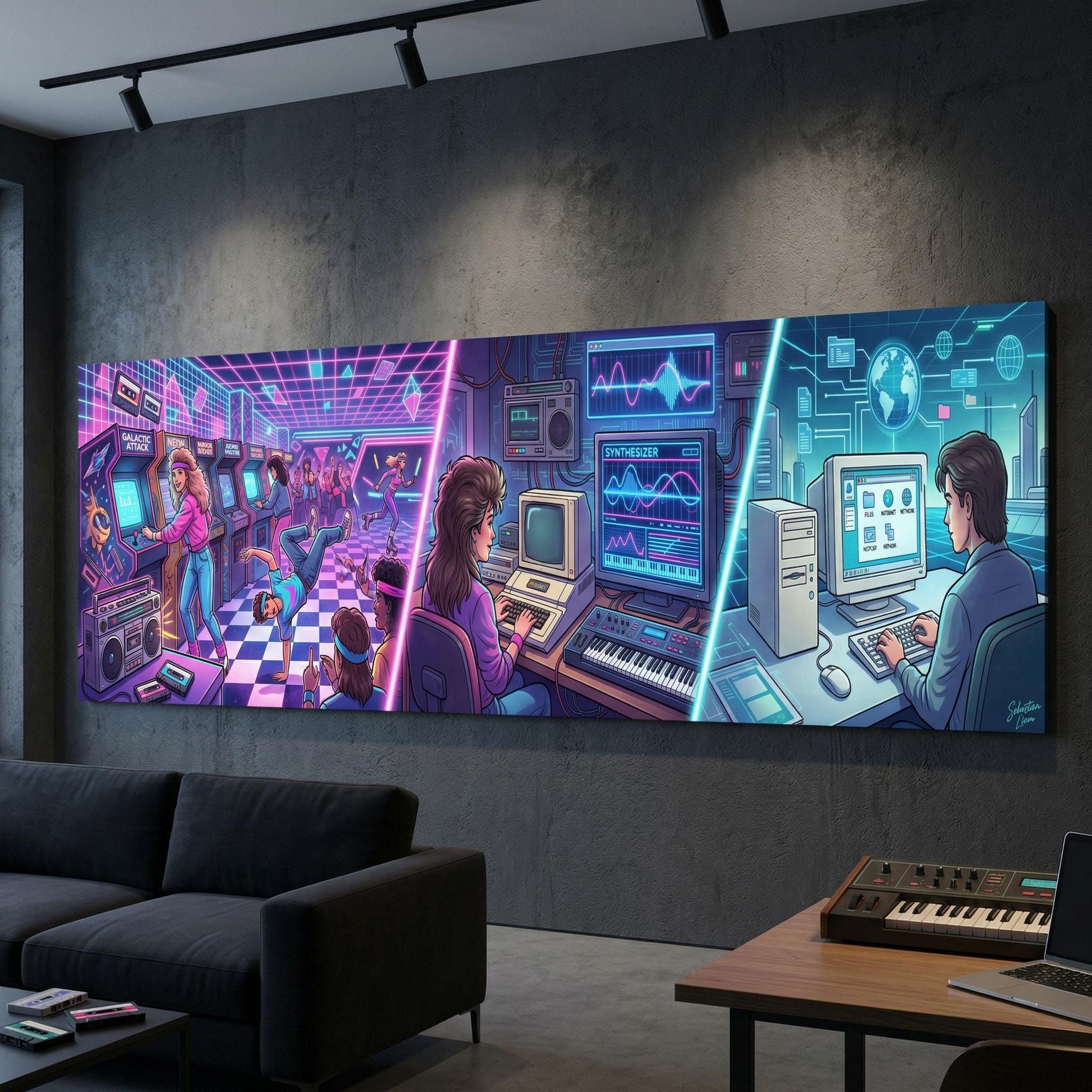 The image is a large, colorful painting depicting a futuristic, neon-lit room with various technological elements, including computers, monitors, and other electronic devices.