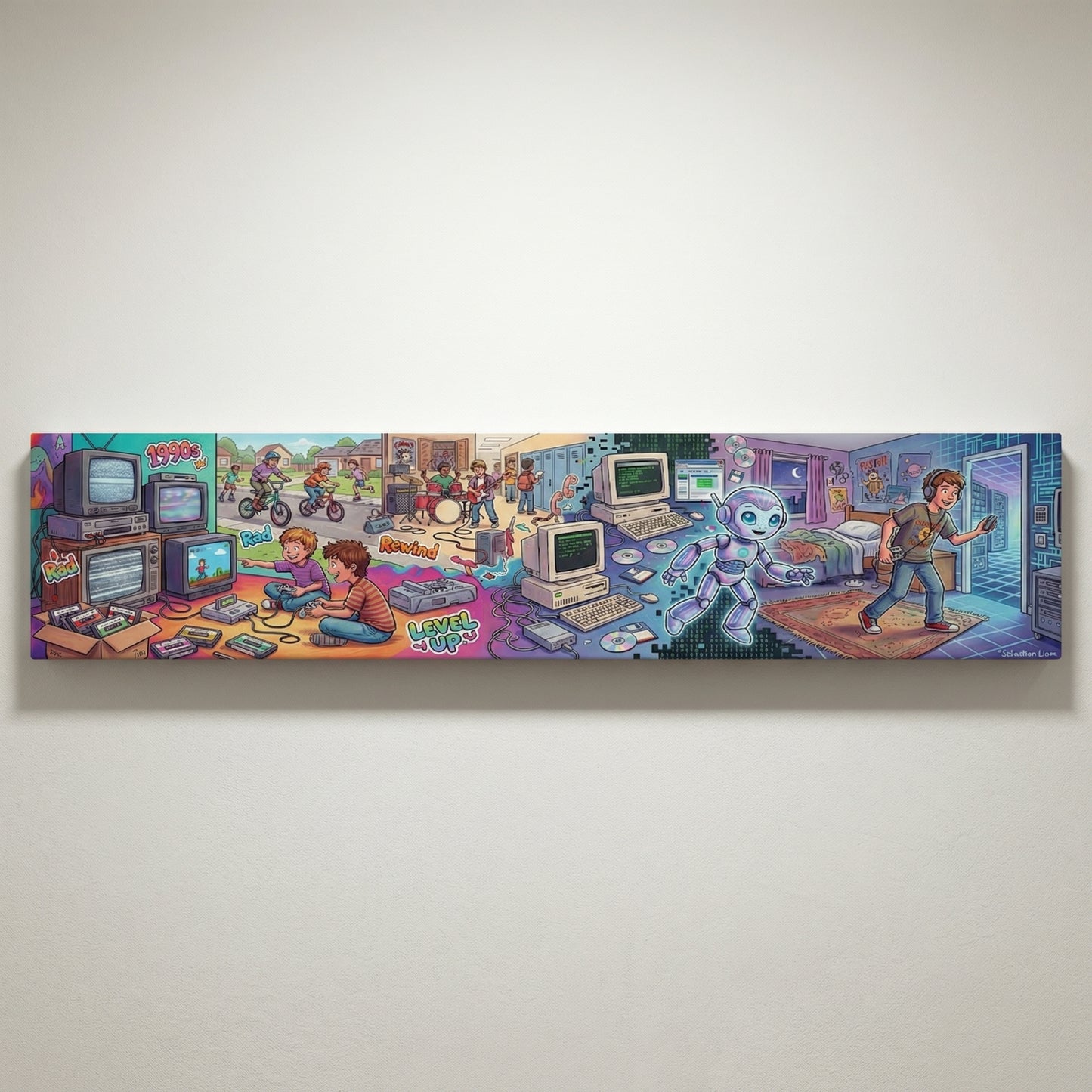 The image is a vibrant and colorful illustration depicting various aspects of the 1990s, including children playing with computers, a man walking into a room, and a robot.