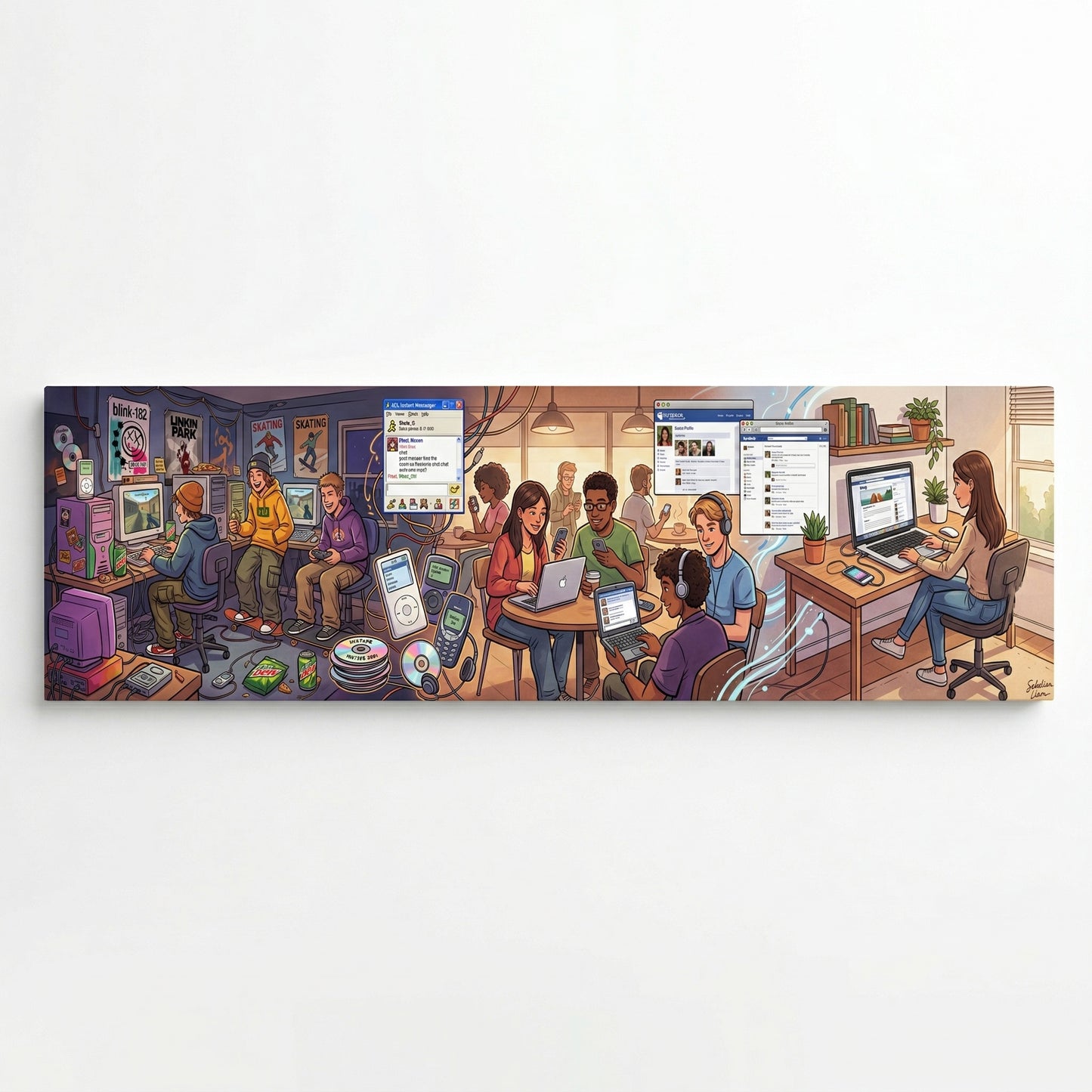 a lively and bustling workspace filled with people engaged in various activities, such as working on computers, using mobile devices, and socializing with one another.