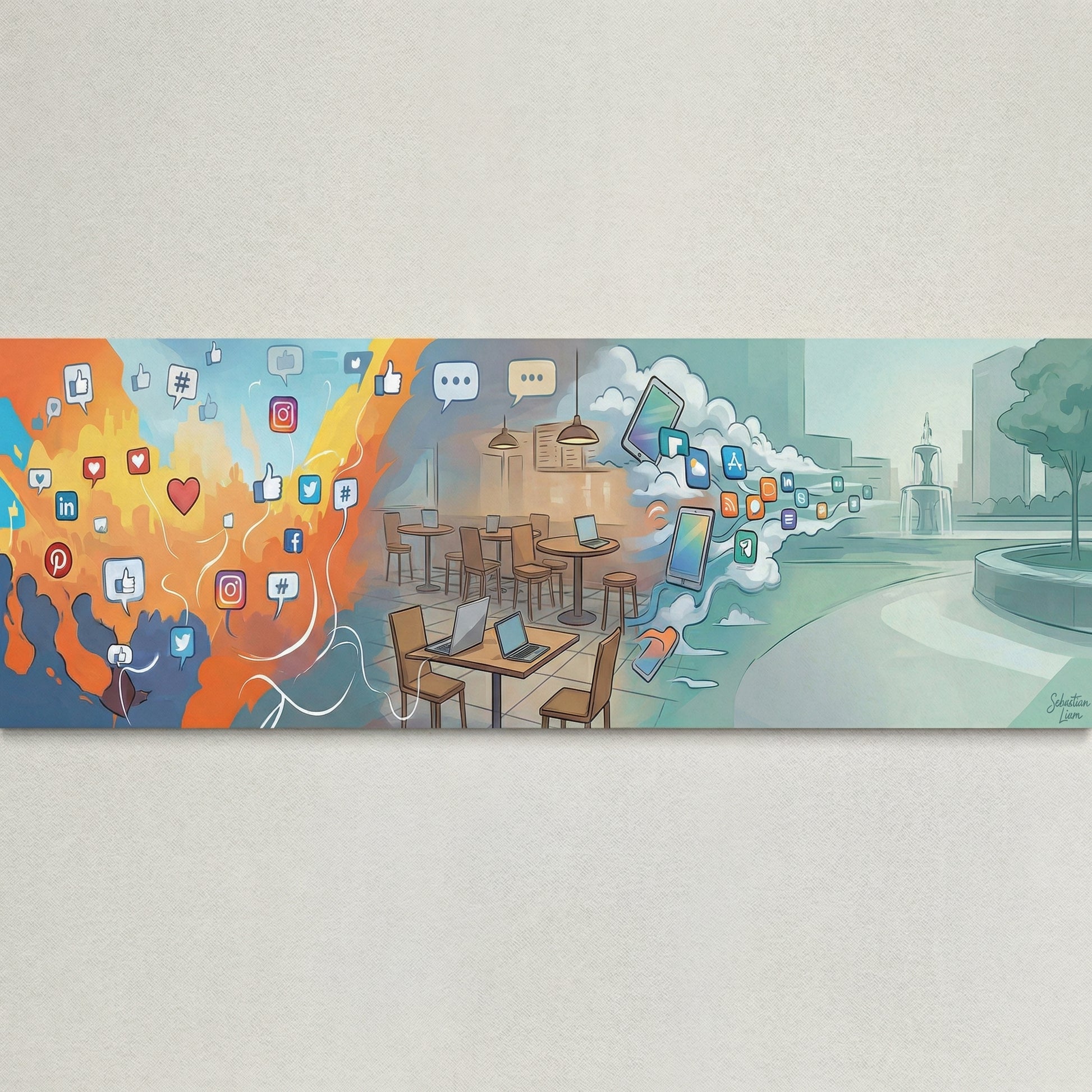 The image is a vibrant and dynamic collage that depicts various aspects of modern life, including social media, technology, and urban environments.
