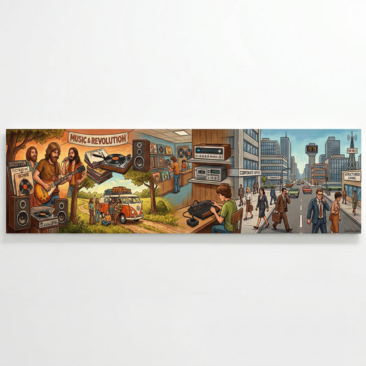 The image is a collage of various scenes depicting different aspects of music and revolution, including musicians, a city street, and people engaged in various activities.