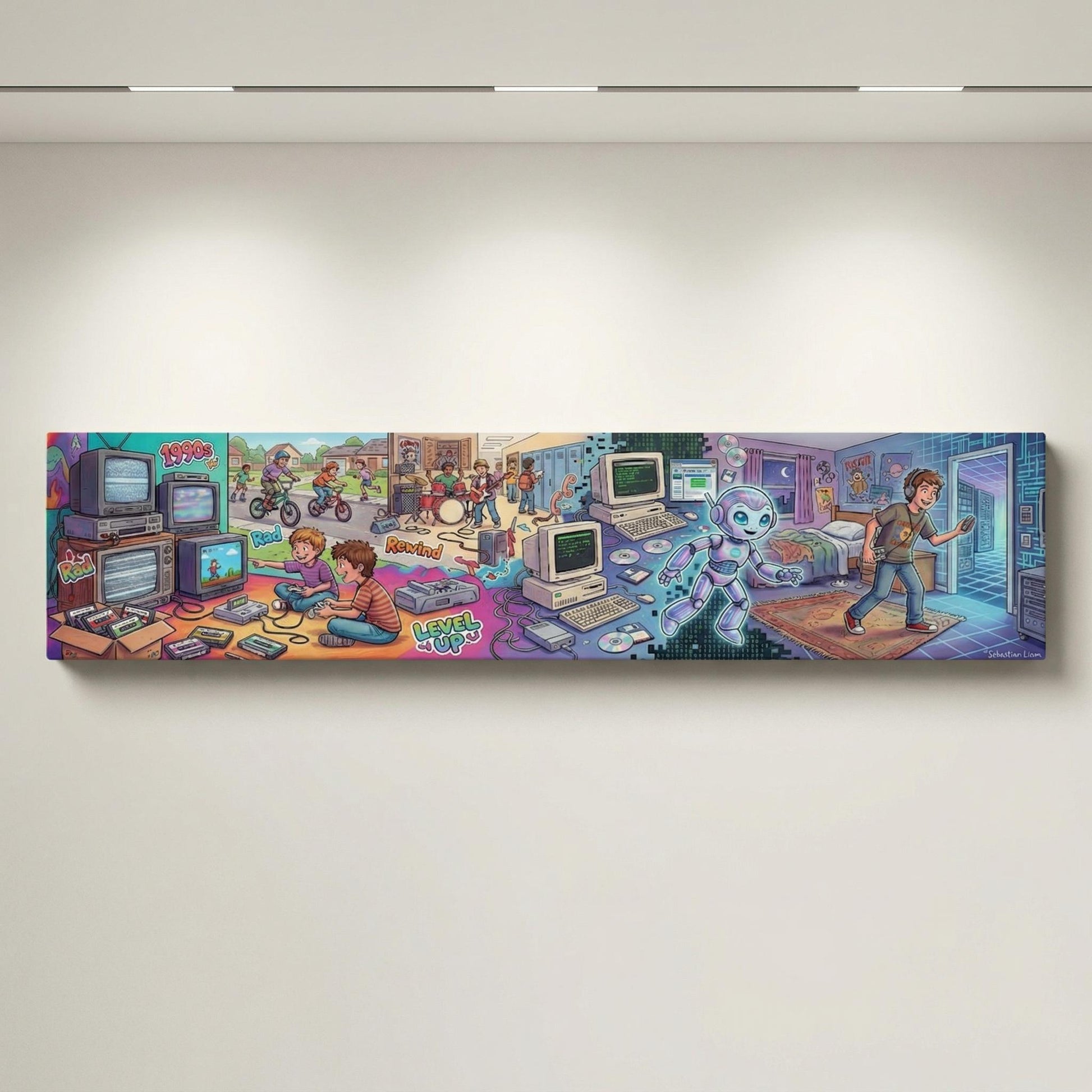 The image is a vibrant and colorful illustration depicting various aspects of the 1990s, including children playing with computers, a man walking through a room, and a robot.