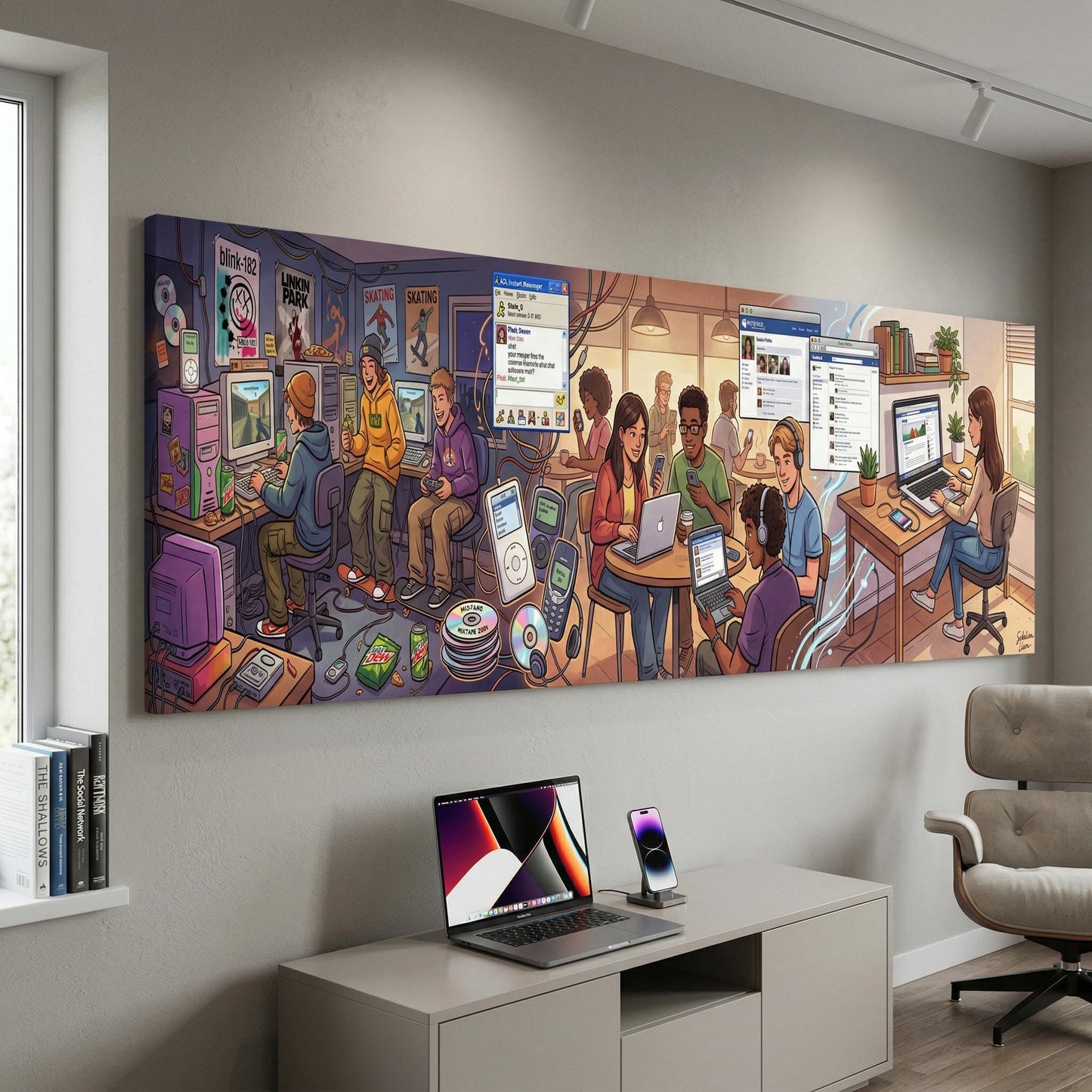 The image is a large, colorful mural depicting a lively scene of people using various electronic devices, such as laptops and smartphones, in a room with a desk and chair.