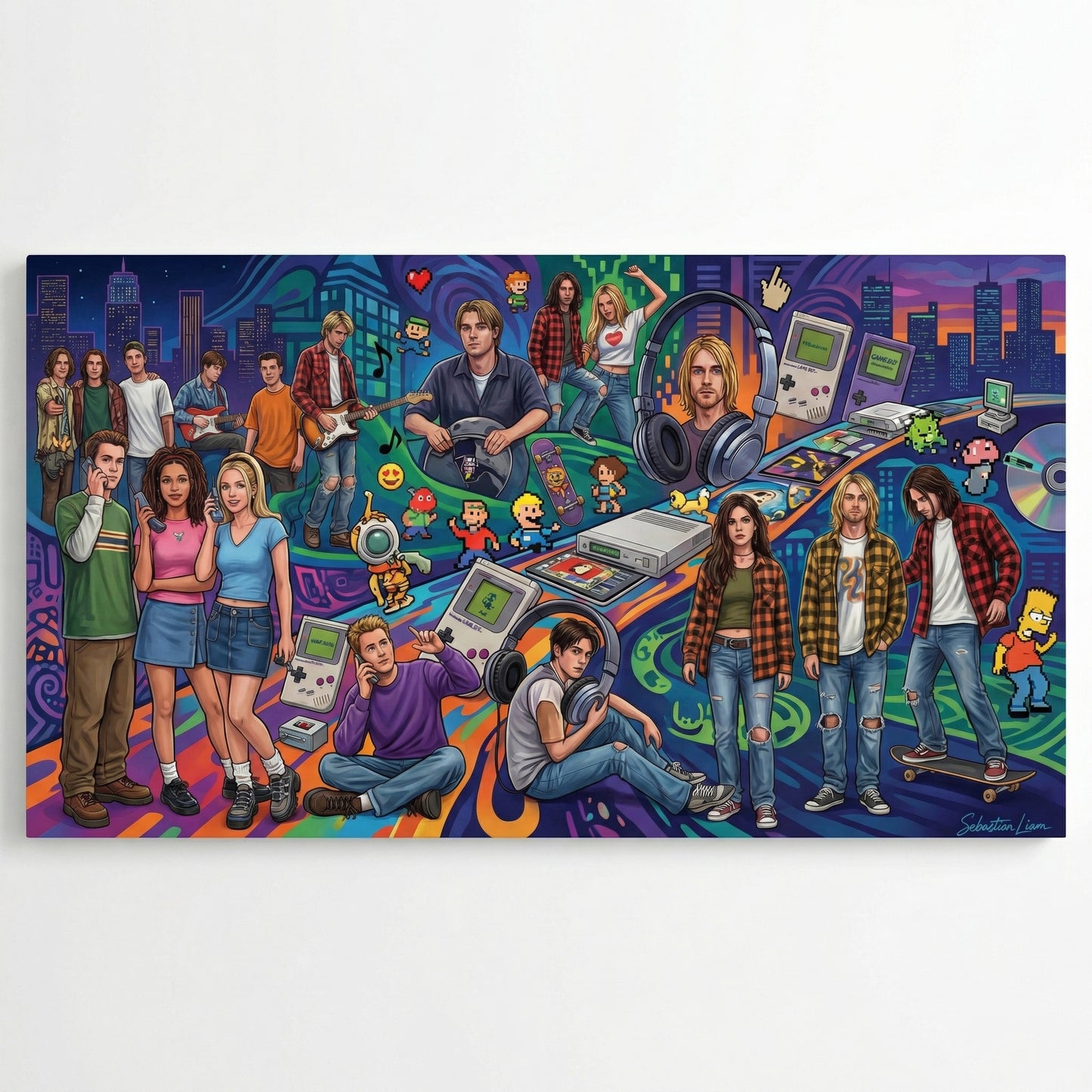 The image is a vibrant collage featuring a diverse group of people engaged in various activities, such as playing video games, listening to music, and socializing. The collage includes elements like headphones, game controllers, and other gaming accessories, as well as people dressed in casual and formal attire. The overall color palette is lively and colorful, with a mix of bright and bold hues.