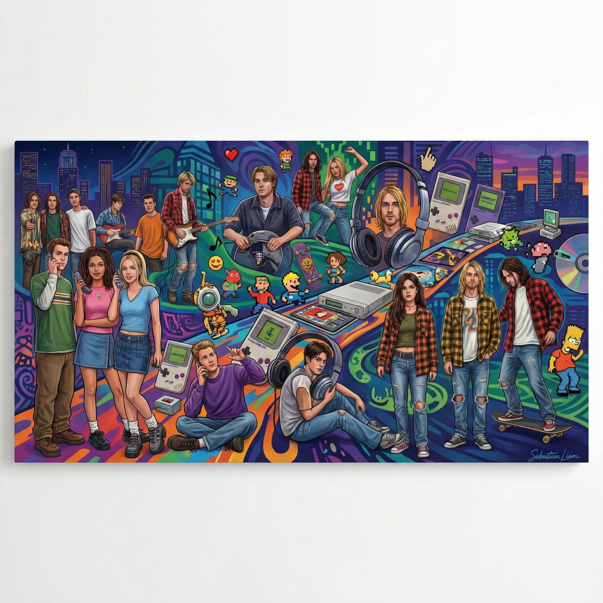 The image is a vibrant collage featuring a diverse group of people engaged in various activities, such as playing video games, listening to music, and socializing. The collage includes elements like headphones, game controllers, and other gaming accessories, as well as people dressed in casual and formal attire. The overall color palette is lively and colorful, with a mix of bright and bold hues.
