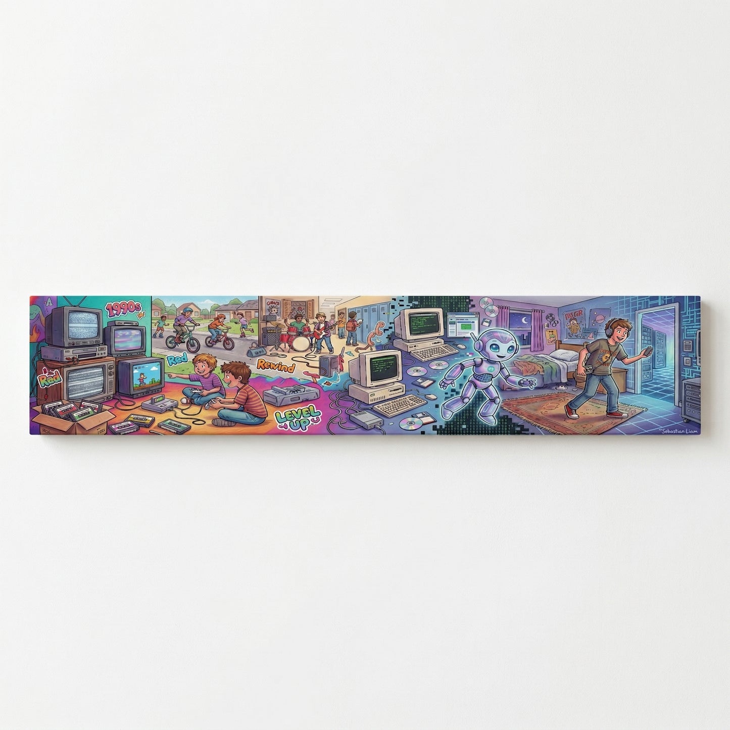 The image is a vibrant collage depicting various scenes and objects from the 1990s, including children playing with video games, a robot, and other nostalgic elements.