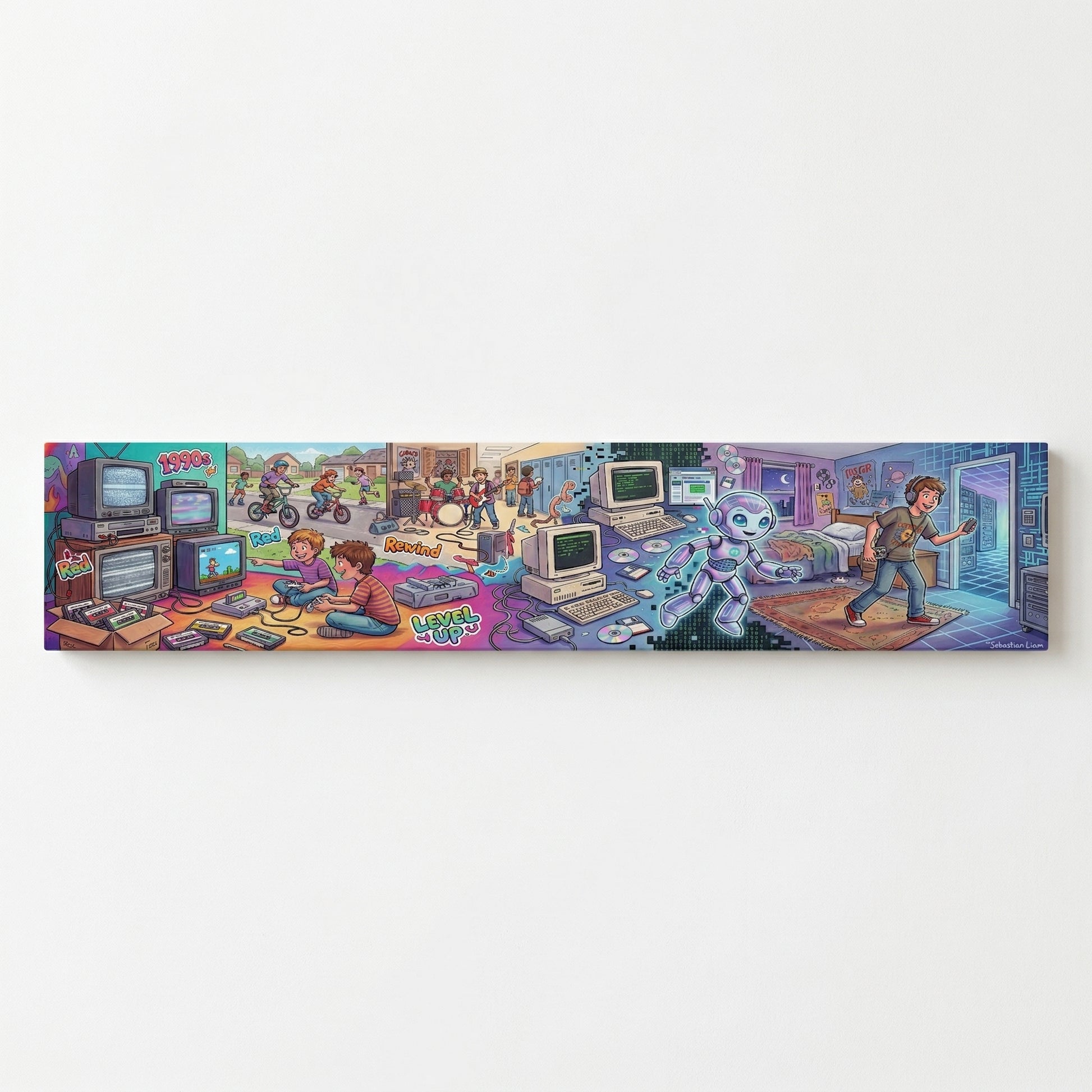 The image is a vibrant collage depicting various scenes and objects from the 1990s, including children playing with video games, a robot, and other nostalgic elements.