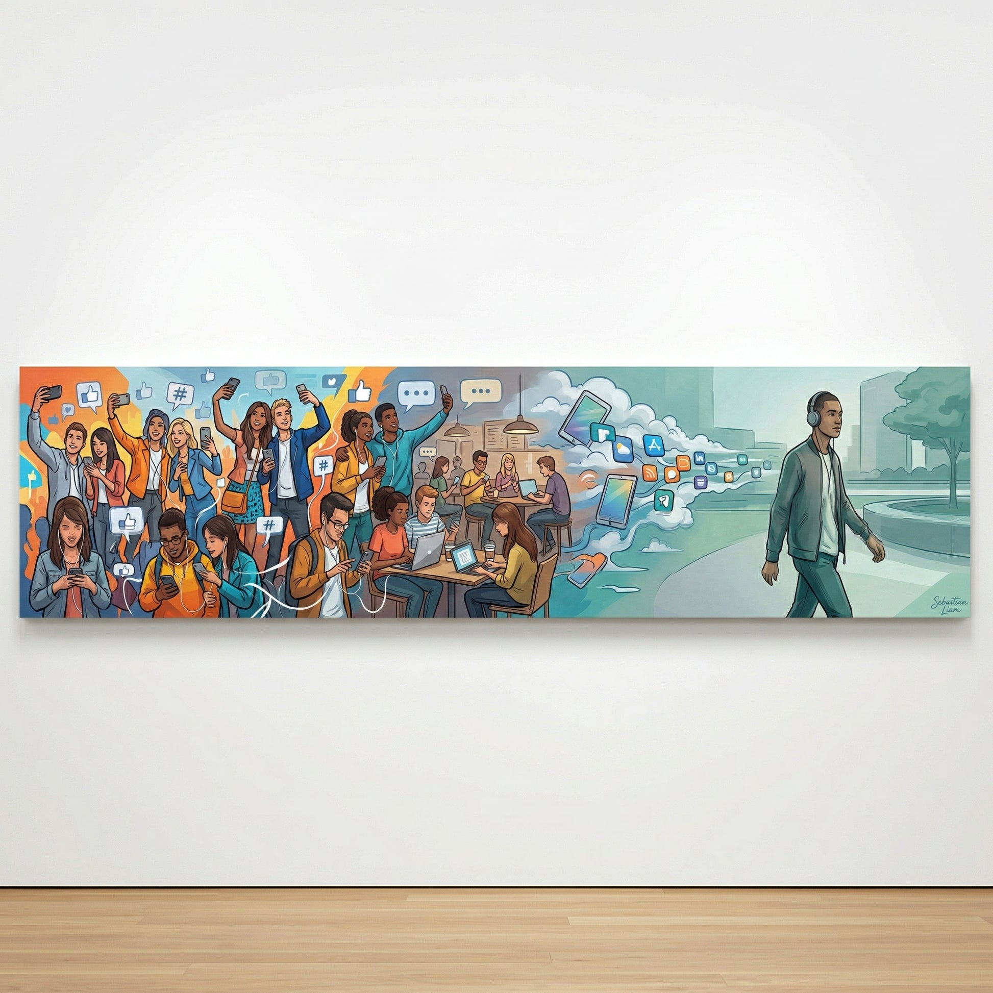 The image is a vibrant mural depicting a lively scene of people engaged in various activities, such as socializing, working, and enjoying leisure time. The mural is set against a backdrop of a cityscape, with a man walking in the foreground. The overall composition and color palette create a dynamic and energetic atmosphere, capturing the essence of modern life and social interactions.