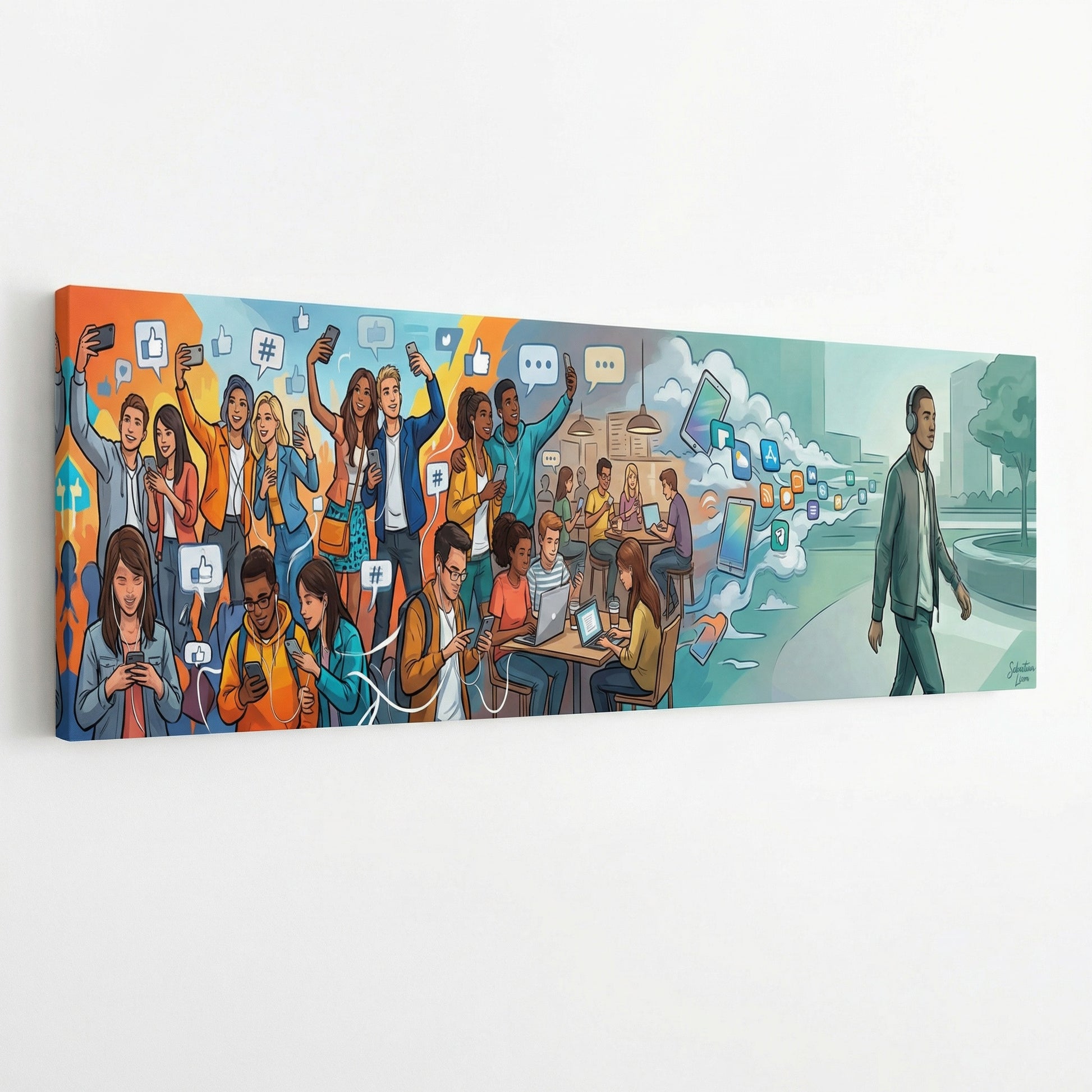 The image is a vibrant and dynamic collage depicting a lively social scene with people engaged in various activities, such as using smartphones, interacting with each other, and walking around.