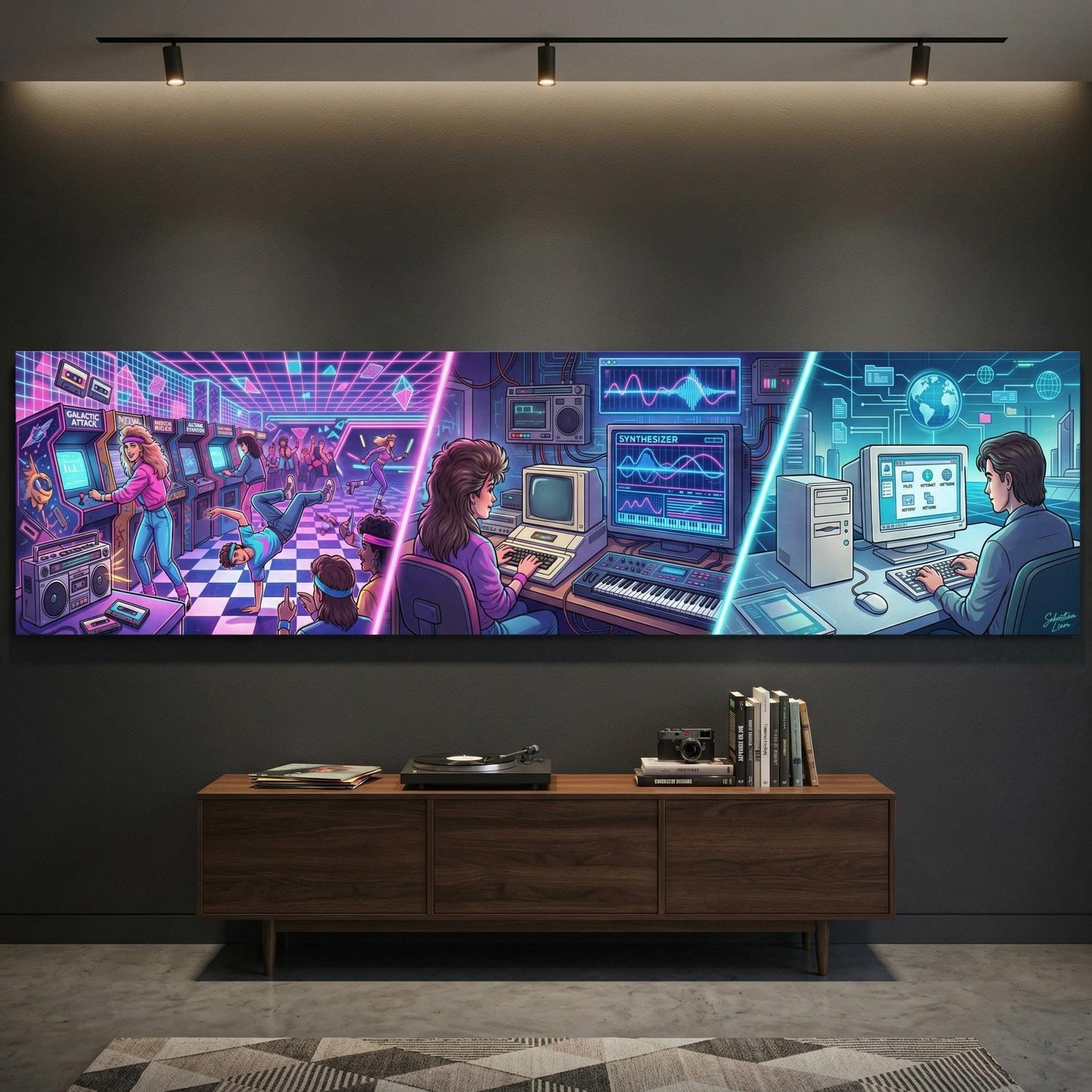 The image is a large, colorful mural depicting a futuristic, neon-lit environment with various technological elements, including computers, monitors, and other devices.
