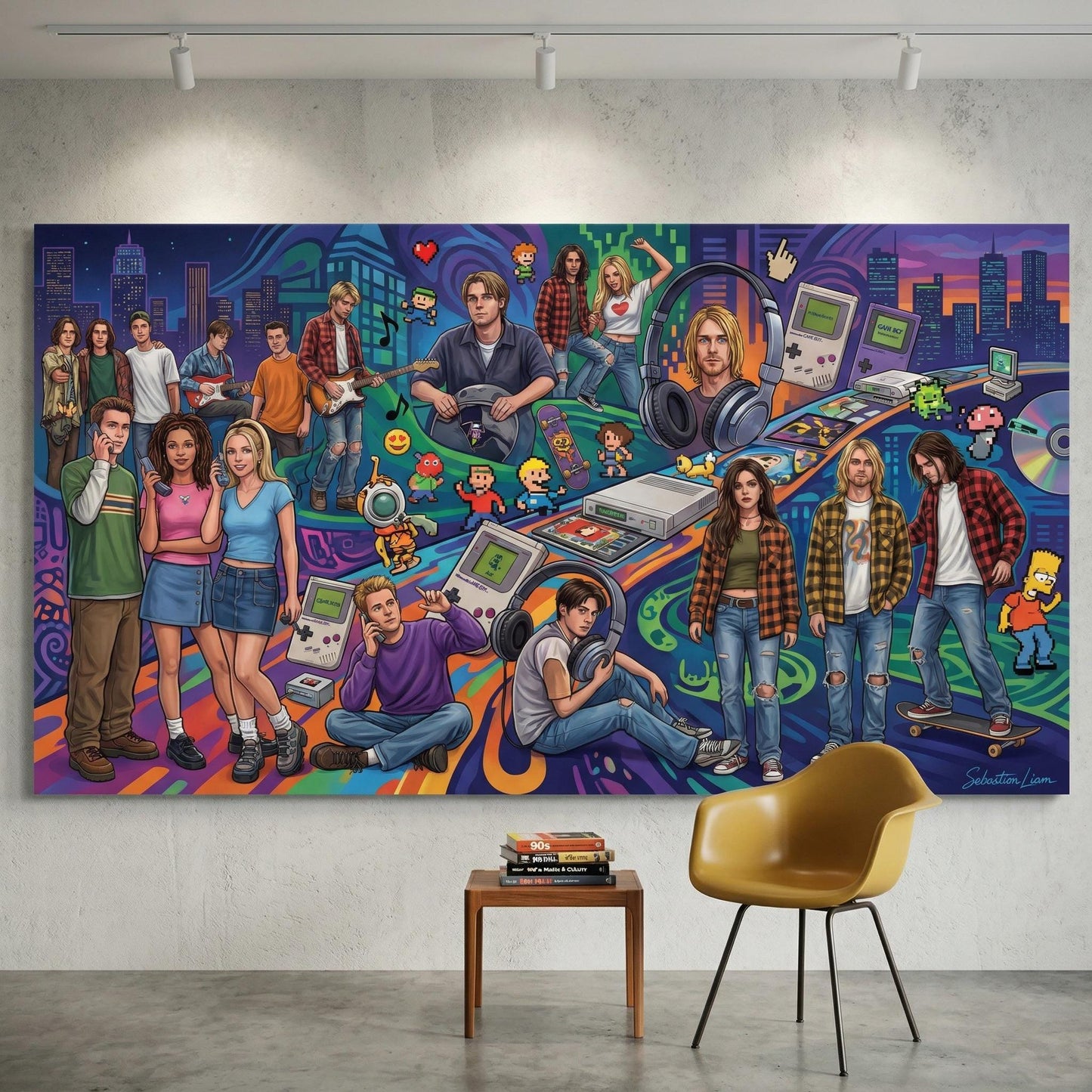 The image is a vibrant and colorful mural depicting various elements of youth culture, including people, music, technology, and fashion.
