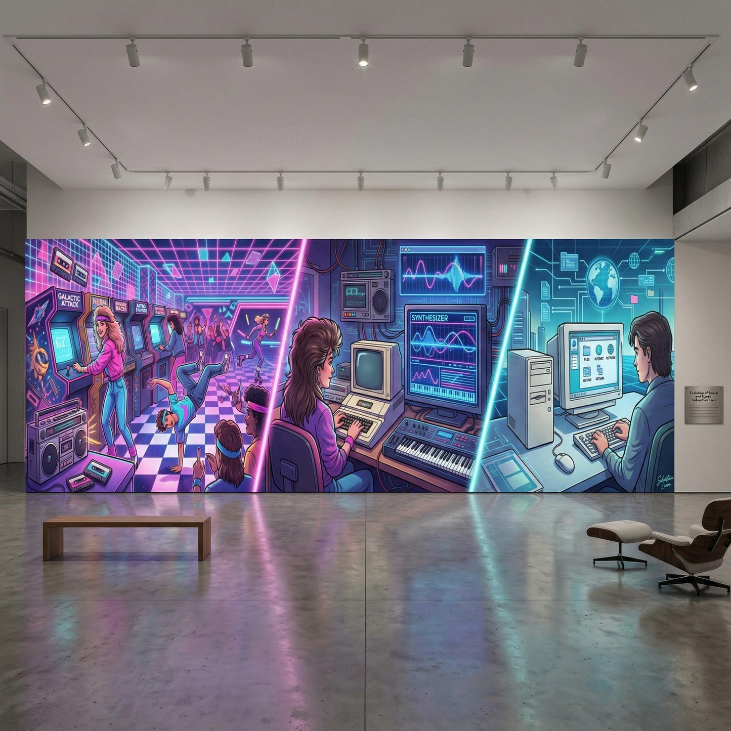 The image is a large mural depicting a futuristic, neon-lit room with various technological elements, including arcade games, computers, and other electronic devices.