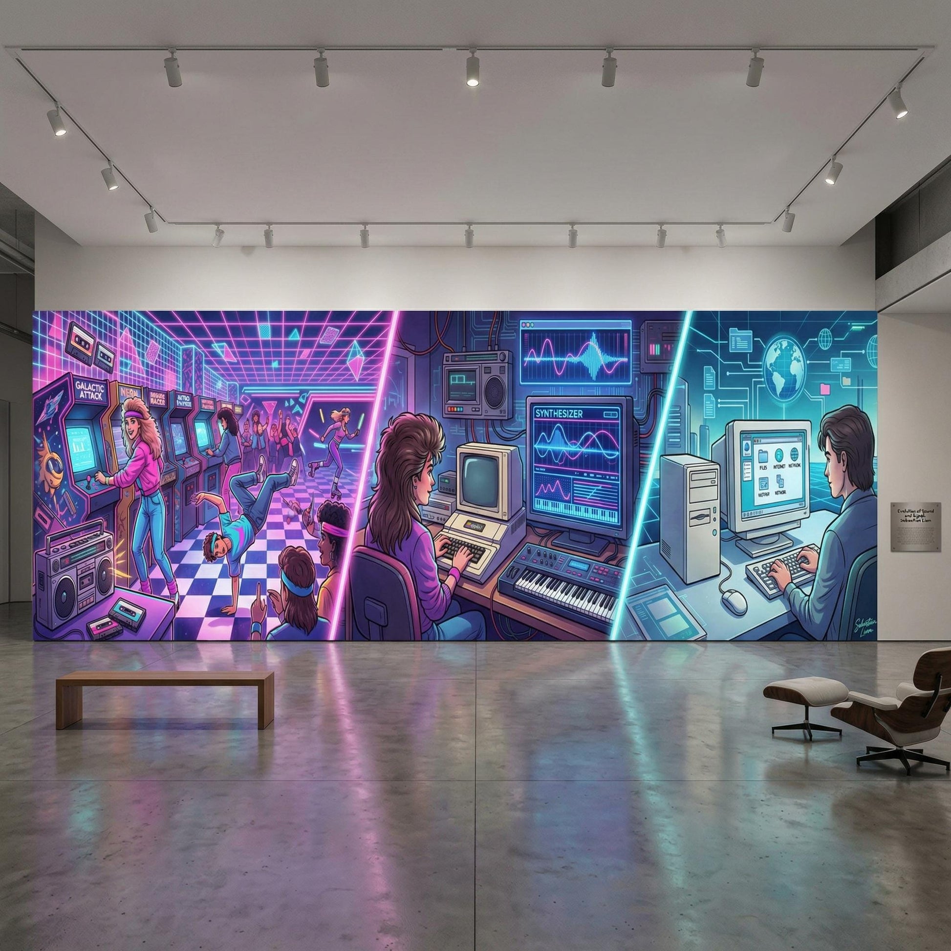 The image is a large mural depicting a futuristic, neon-lit room with various technological elements, including arcade games, computers, and other electronic devices.