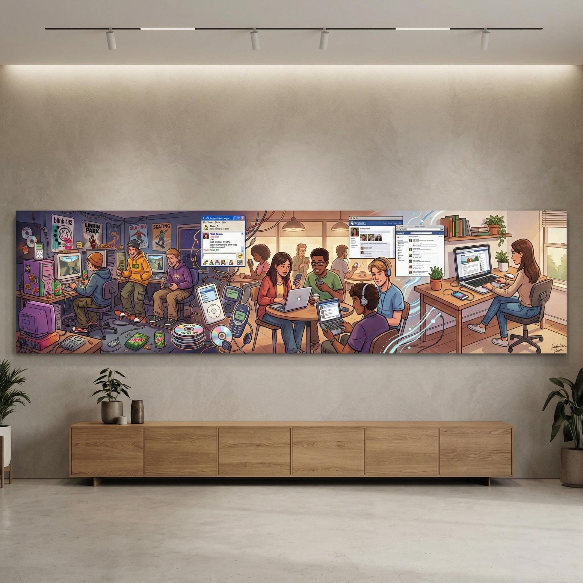 The image is a large, colorful mural depicting a lively scene of people engaged in various activities, such as playing video games, working on computers, and socializing.