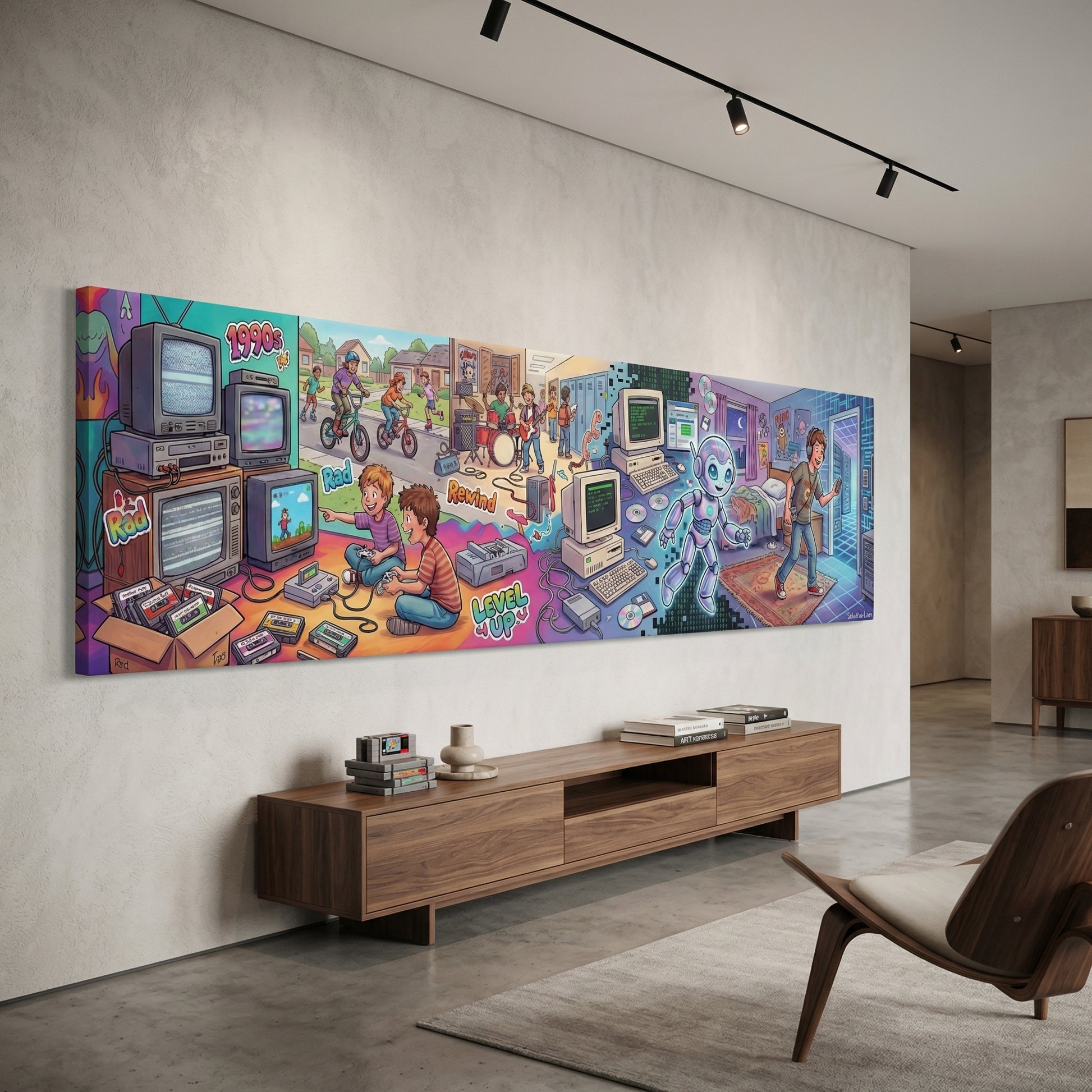 The image is a large mural depicting a colorful scene of children playing with various electronic devices, such as televisions, computers, and video games, in a room with a wooden entertainment center.