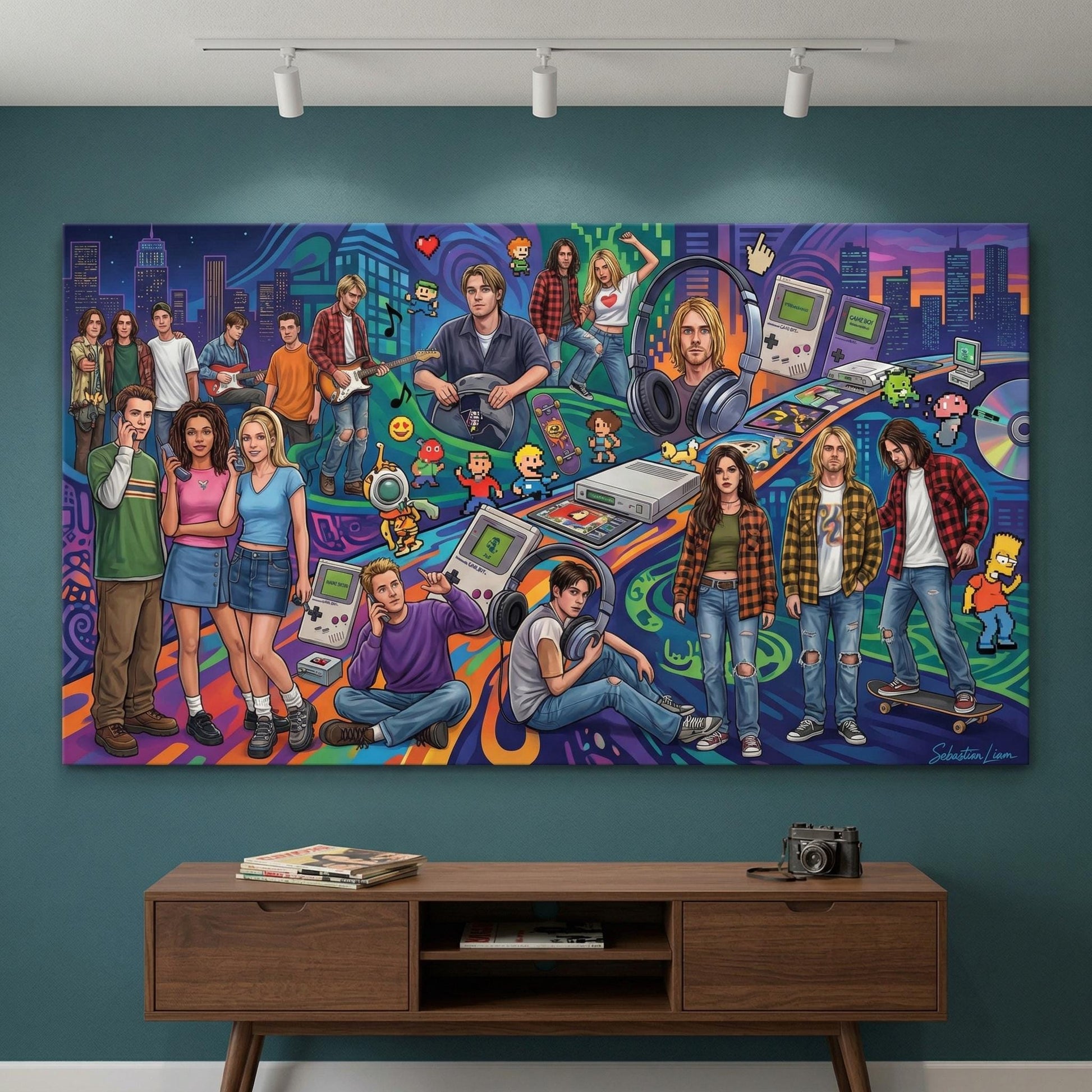 The image is a vibrant and colorful collage featuring various people and objects, including a large central figure surrounded by smaller figures, as well as a variety of electronic devices and accessories.