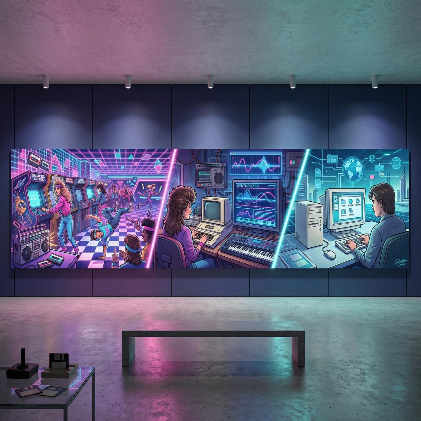 The image is a large mural depicting a futuristic scene with various technological elements, including computers, monitors, and other devices. The mural is set in a room with a concrete floor and a bench in the foreground.