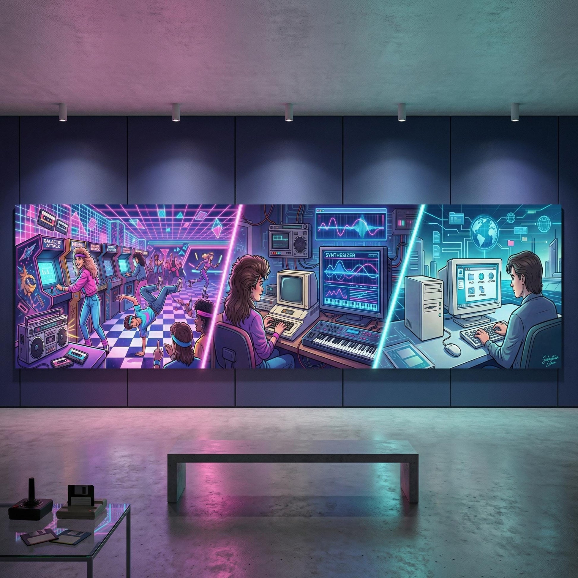 The image is a large mural depicting a futuristic scene with various technological elements, including computers, monitors, and other devices. The mural is set in a room with a concrete floor and a bench in the foreground.