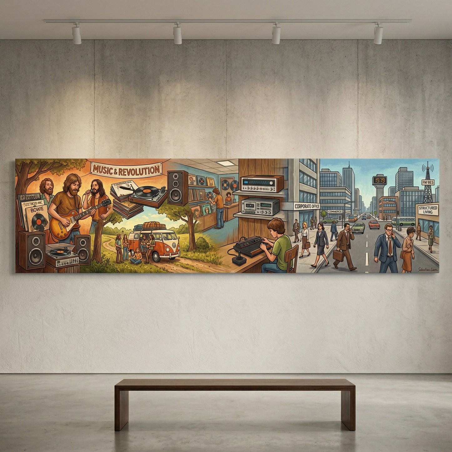 The image is a large mural depicting various scenes related to music and revolution, including musicians, record players, and a cityscape.