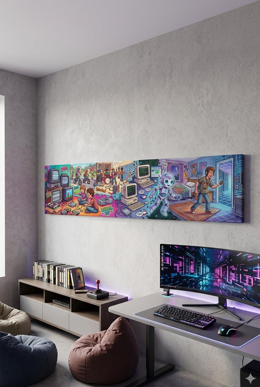 a modern, minimalist living room with a large, colorful mural depicting a futuristic cityscape on the wall. The room also includes a desk with a computer setup, a bean bag chair, and a bookshelf filled with books.