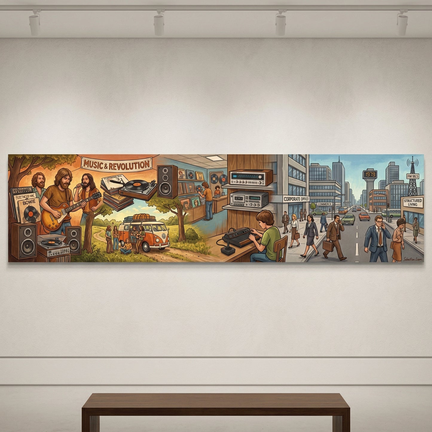 The image is a collage of various scenes depicting different aspects of music and technology, including musicians, record players, and electronic equipment.