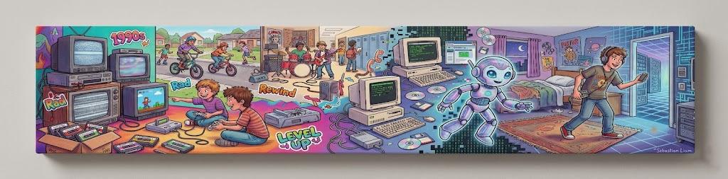 The image is a vibrant collage depicting various aspects of the 1990s, including children playing with video games, riding bicycles, and interacting with computers.