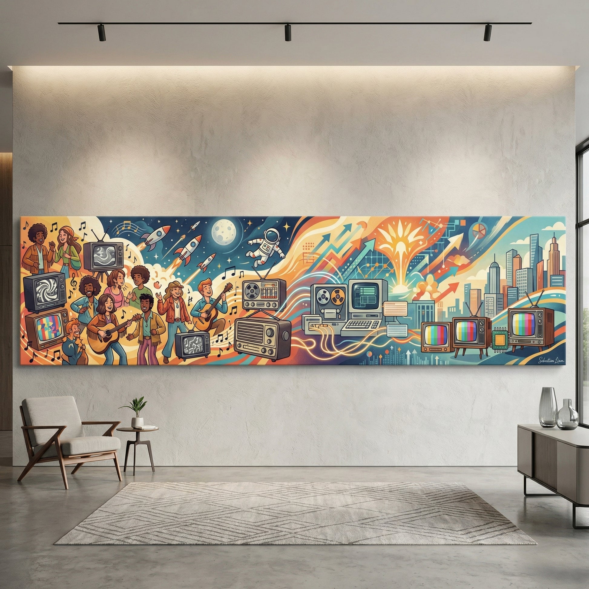 The image is a large mural depicting various technological advancements and innovations, including television, computers, and other electronic devices, set against a backdrop of a city skyline.