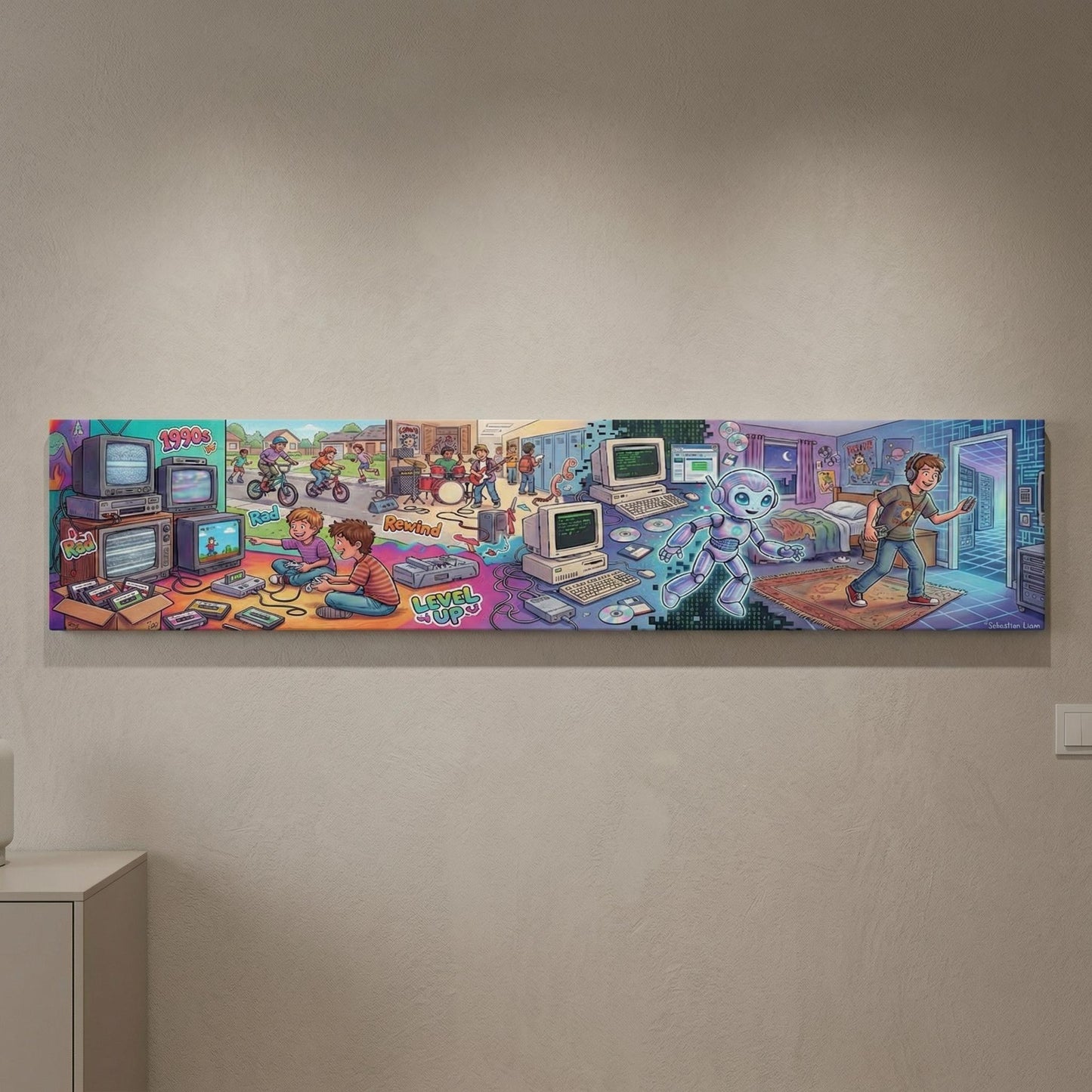 The image is a vibrant and colorful collage depicting various scenes and objects, including children playing with computers, a robot, and other elements of a futuristic environment.