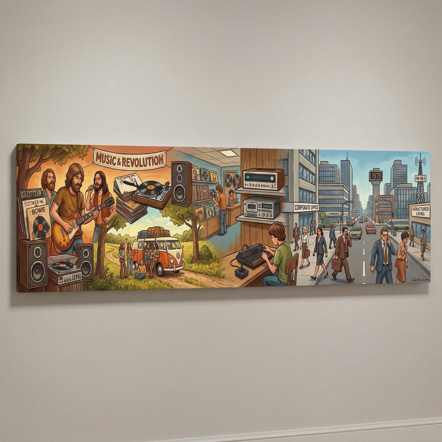 The image is a collage of various scenes depicting different aspects of music and revolution, including musicians, record players, and a cityscape.