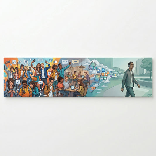 The image is a vibrant and dynamic collage depicting a lively social scene with people engaged in various activities, such as dancing, conversing, and using electronic devices.