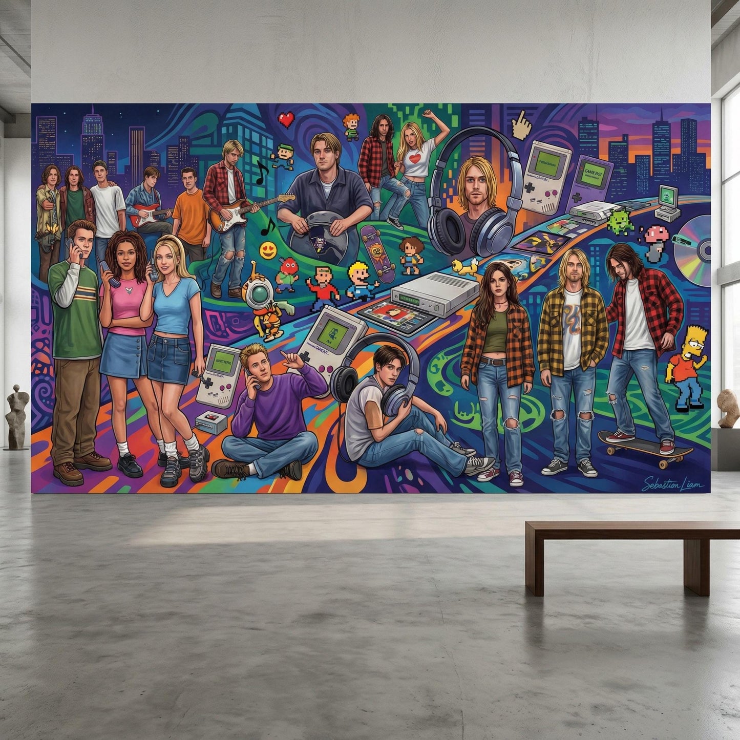 The image is a vibrant mural depicting a lively scene with various people engaged in different activities, such as playing video games, dancing, and socializing.
