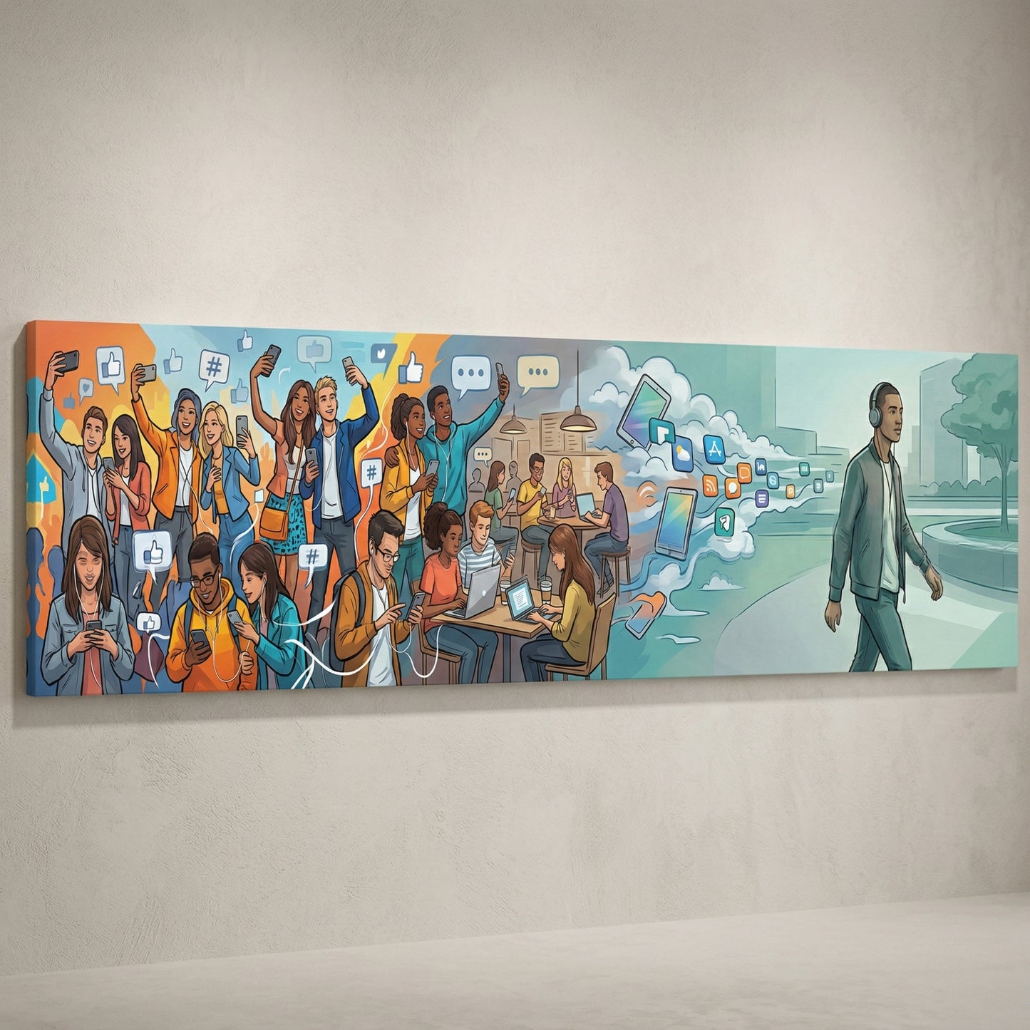 The image is a vibrant and dynamic collage depicting a lively social scene with people engaged in various activities, such as using smartphones, interacting with each other, and enjoying the outdoors.