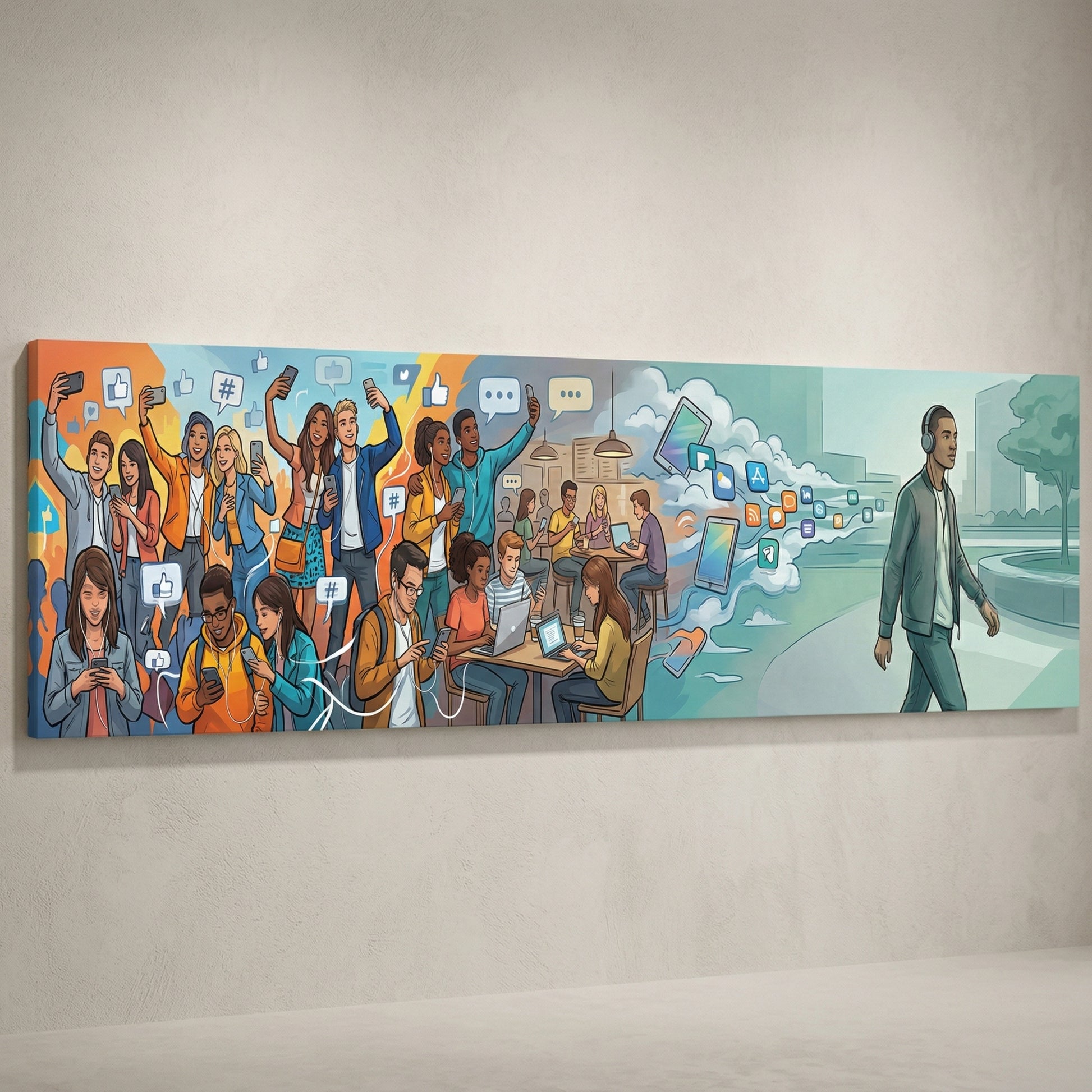 The image is a vibrant and dynamic collage depicting a lively social scene with people engaged in various activities, such as using smartphones, interacting with each other, and enjoying the outdoors.